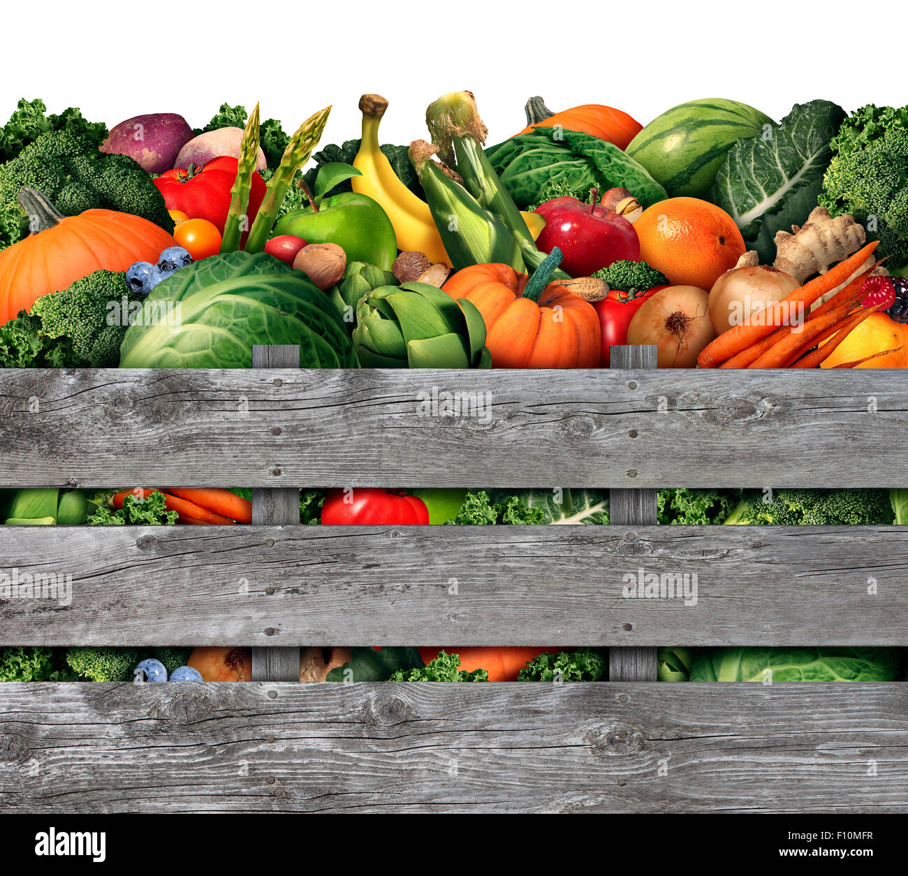 Obst und Gemüse-Ernte von einem Bauernmarkt mit einer Gruppe von sortierten natürlichen rohes Obst und Gemüse als gesunde Bio Stockfoto