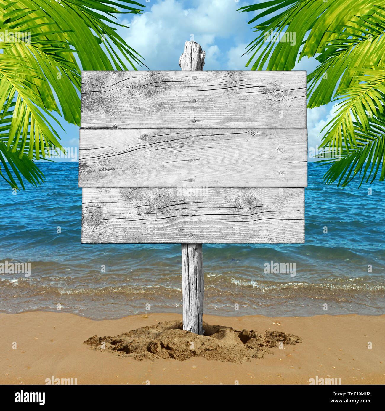 Strand Holz Zeichen und tropischen Urlaub leeren Plakatwand Hintergrund als eine Ozeanwelle auf Sand mit Palmenblättern als Symbol für Tourismus und Reiseinformationen mit textfreiraum Reisen. Stockfoto