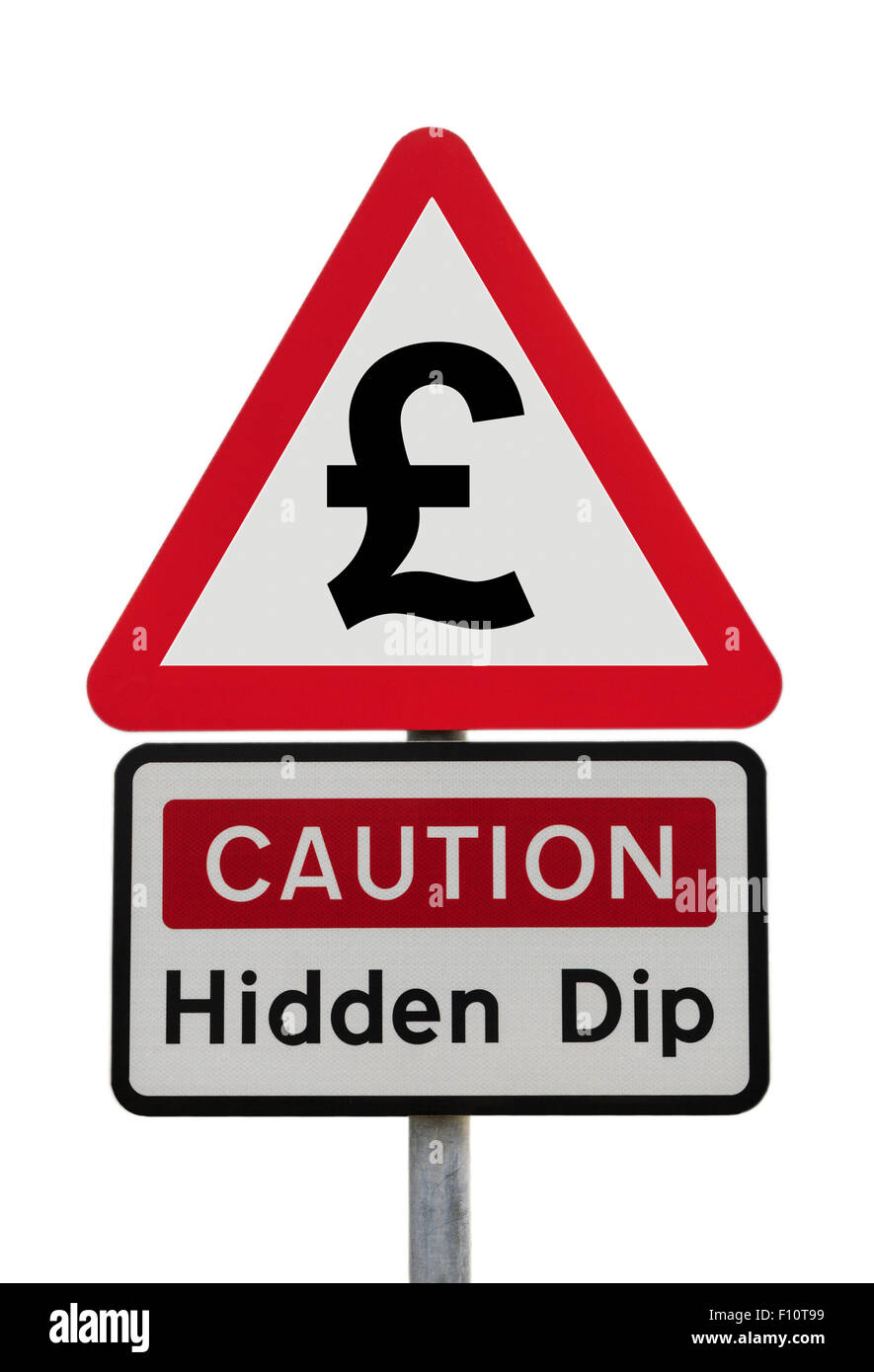 Dreieckige Warnschild Warnung Achtung Versteckte Einbruch mit £ Pfund-Symbol zur Darstellung der finanziellen zukünftigen Rezession nach Brexit-Konzept England Großbritannien Stockfoto