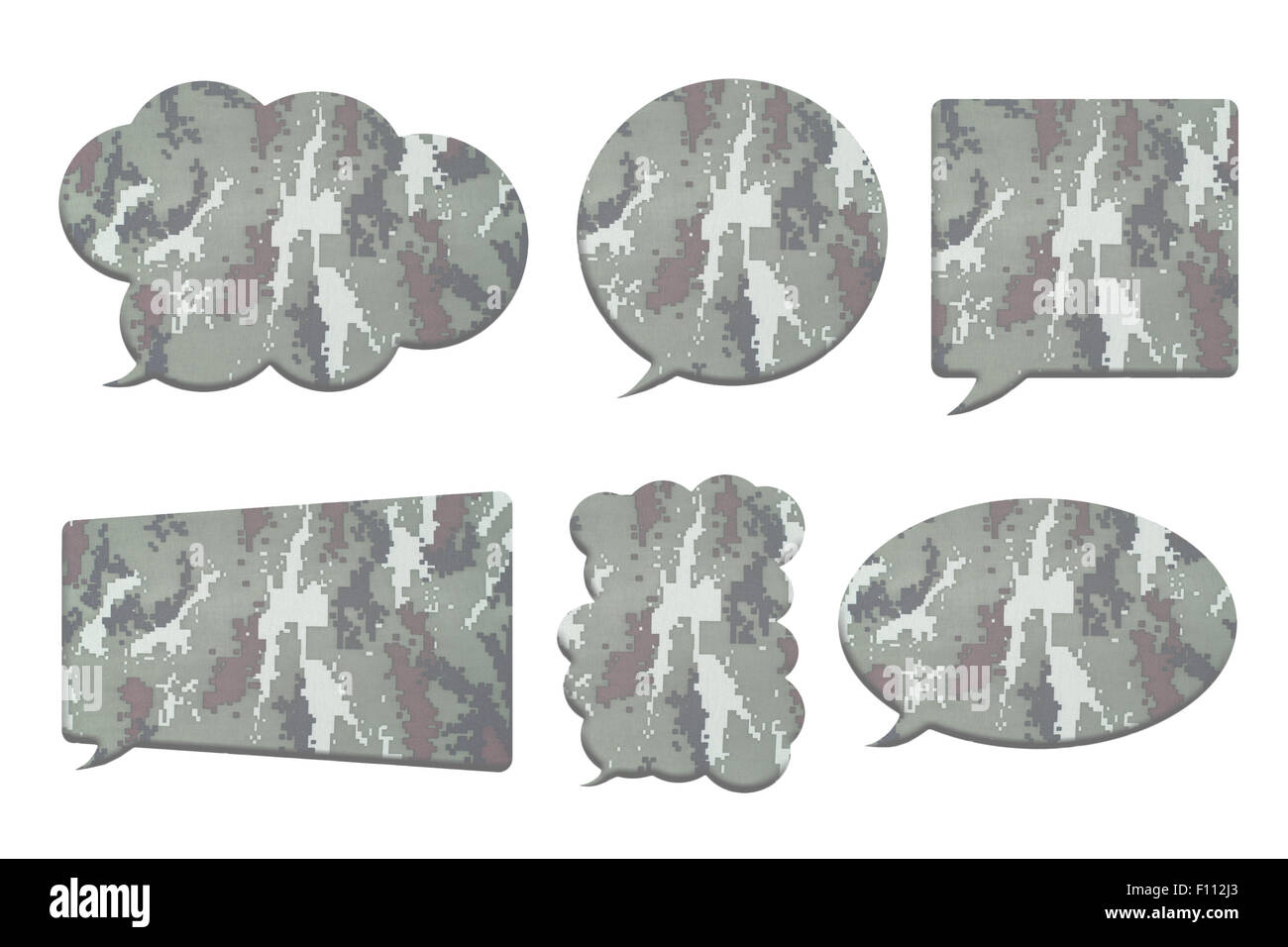 Digital Tarnung in der Blase Rede Form isoliert auf weißem Hintergrund Stockfoto