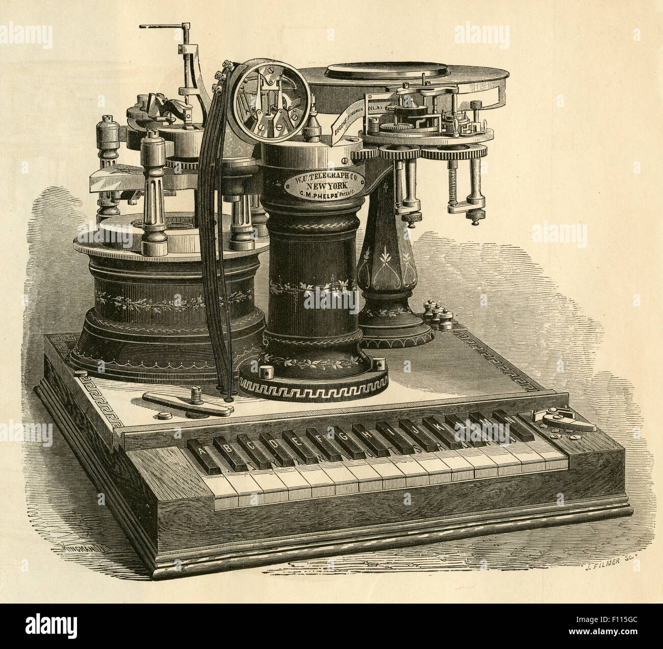 Antike 1877 Gravur, George kann Phelps Elektro-Motor Printing Telegraph mit Klavierstil Tastatur von Western Union Telegraph Company. Stockfoto