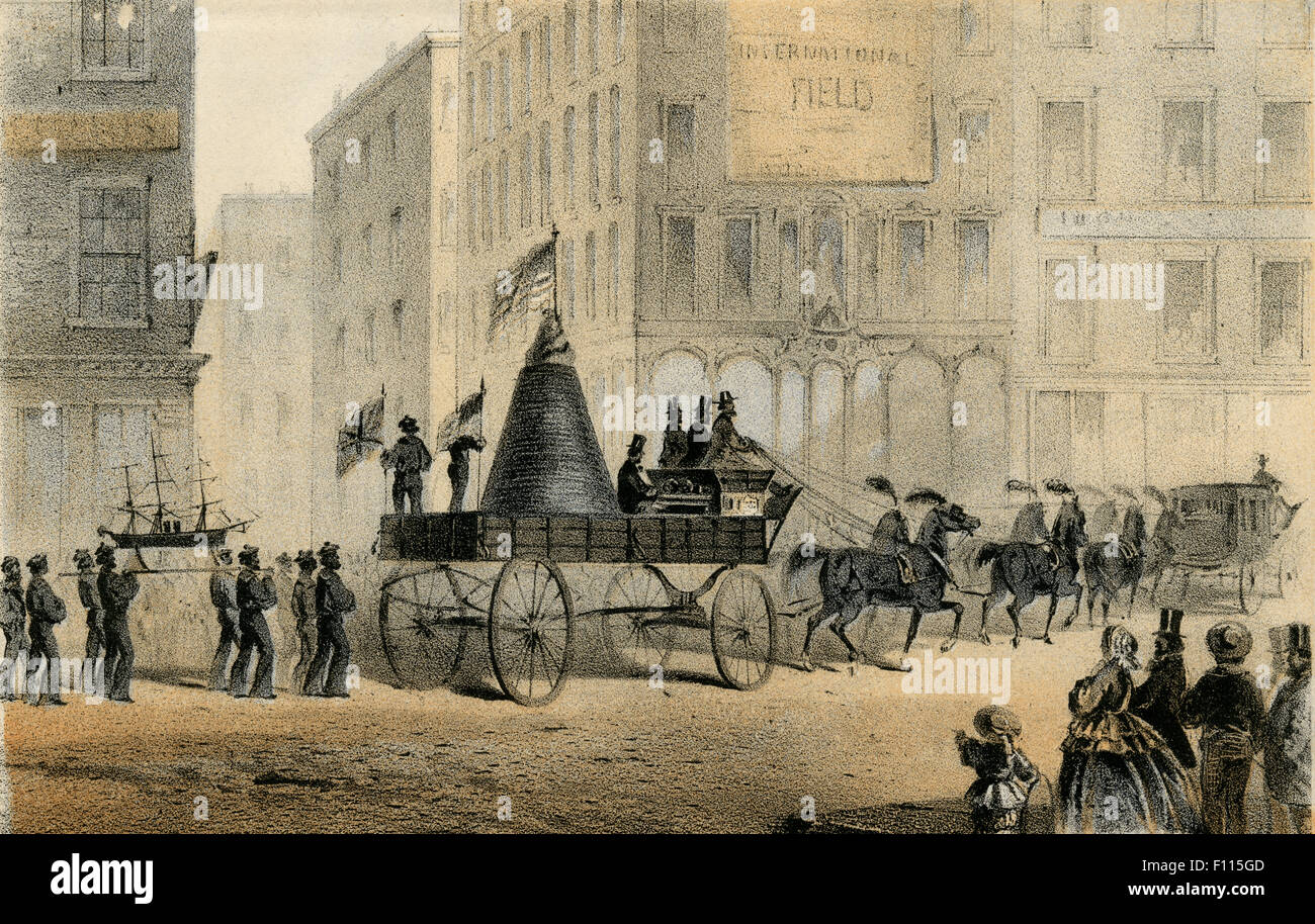 Antike 1861 Gravur, die Atlantic Kabel getragen von Adams & Co Express Wagen in der Prozession der 1. September 1858 in New York City Teil. Stockfoto