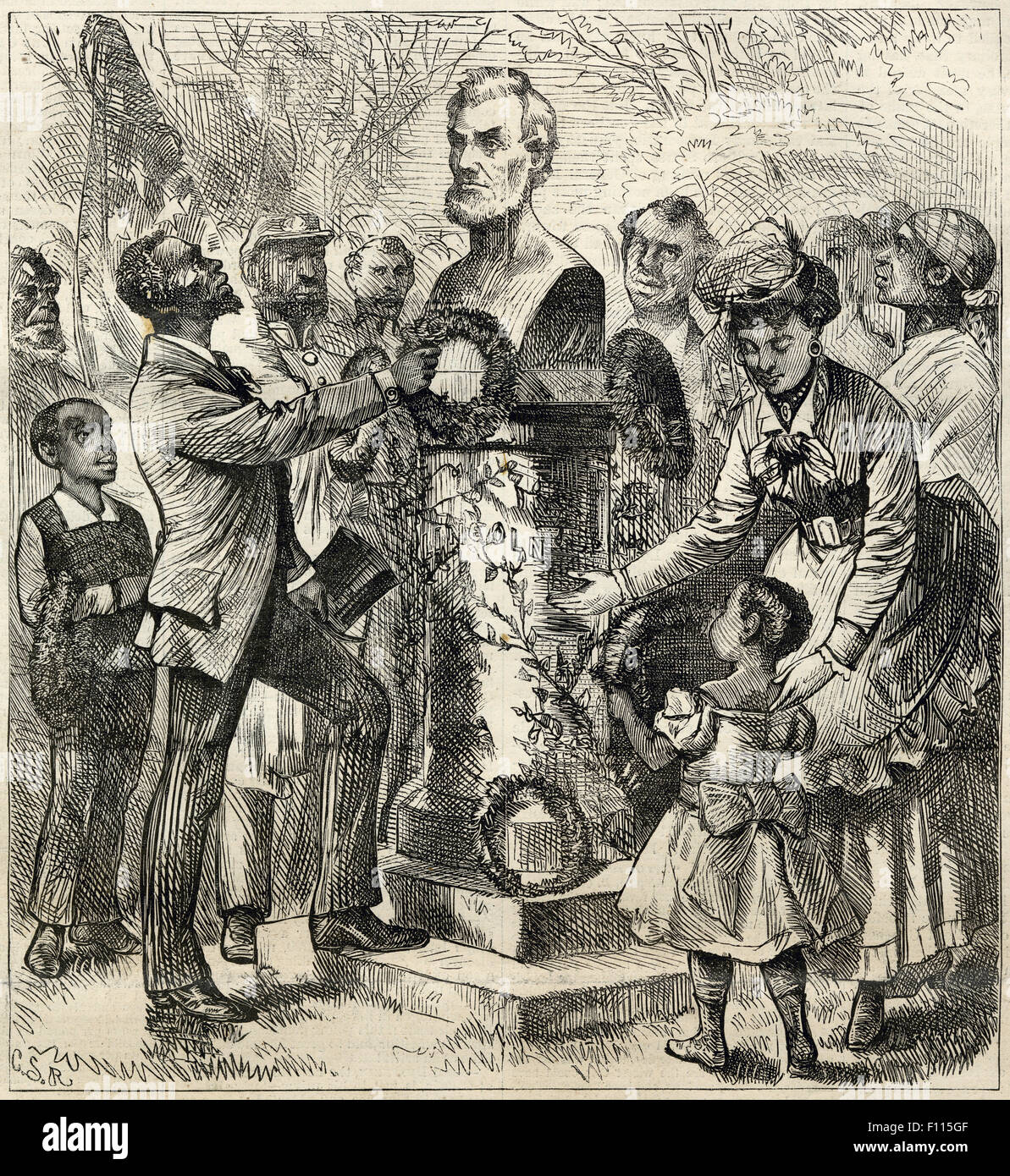Antike 1872 Gravur von Harper wöchentlich, Lincoln die Befreier, gezeichnet von c.s. Reinhart, zeigt eine Szene in New York City am Jahrestag der Passage der fünfzehnte Änderung zur Vereinigte Staaten Beschaffenheit. Stockfoto
