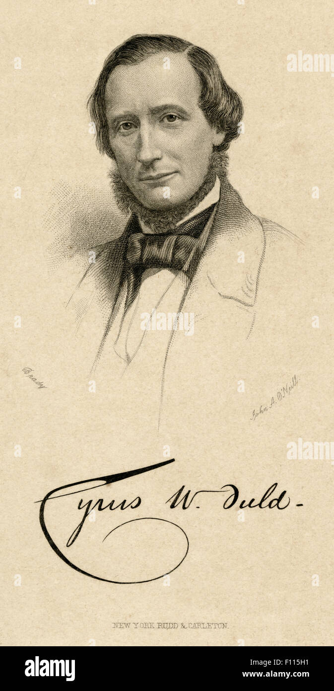 Antiken 1858 Gravur, Porträt von Cyrus West Field mit Faksimile Autogramm. Cyrus West Field (1819-1892) war ein US-amerikanischer Geschäftsmann und Finanzier, zusammen mit anderen Unternehmern, erstellt die Atlantic Telegraph Company und legte das erste Telegraphenkabel über den Atlantik im Jahre 1858. Stockfoto