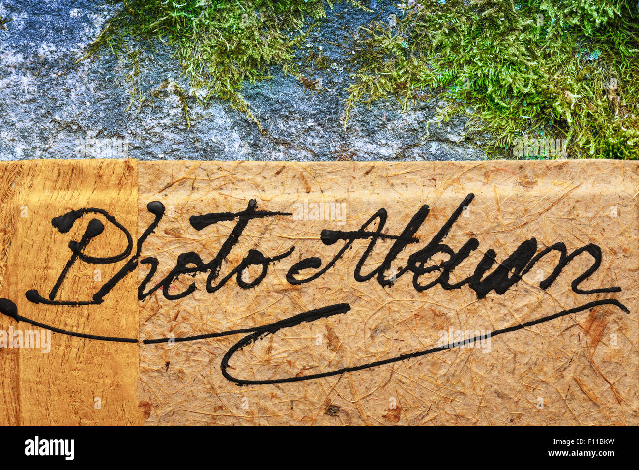 Fotoalbum mit Holzdeckel auf Moos Stockfoto