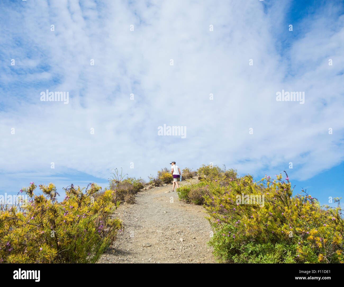 Weibliche Wanderer auf Wanderweg rund um den Rand der Bandama Krater in der Nähe von Las Palmas, Gran Canaria, Kanarische Inseln, Spanien. Stockfoto