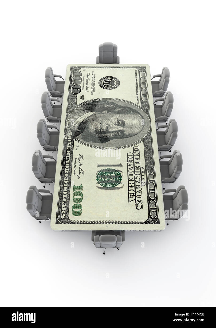 Big Business Sitzungssaal Dollar, 3D Rendern der Konferenztisch von hundert-Dollar-Schein gemacht Stockfoto