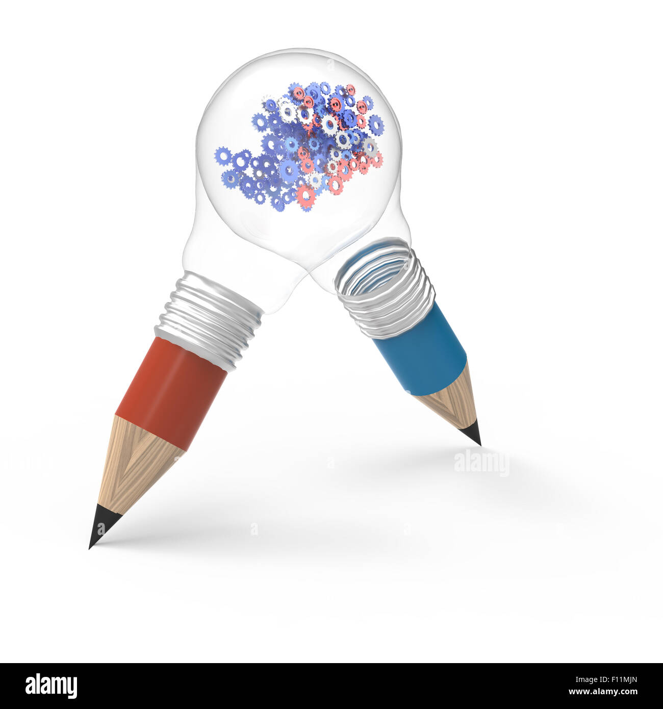 Bleistift-Glühbirne mit Zahnrädern als Partnerschaftskonzept Stockfoto