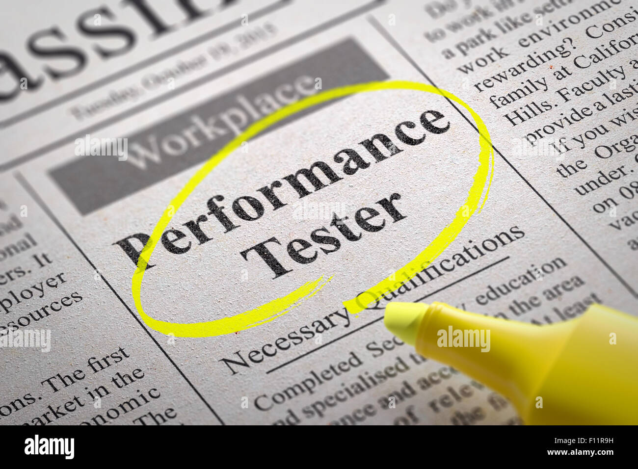 Performance-Tester Jobs in Zeitung. Stockfoto