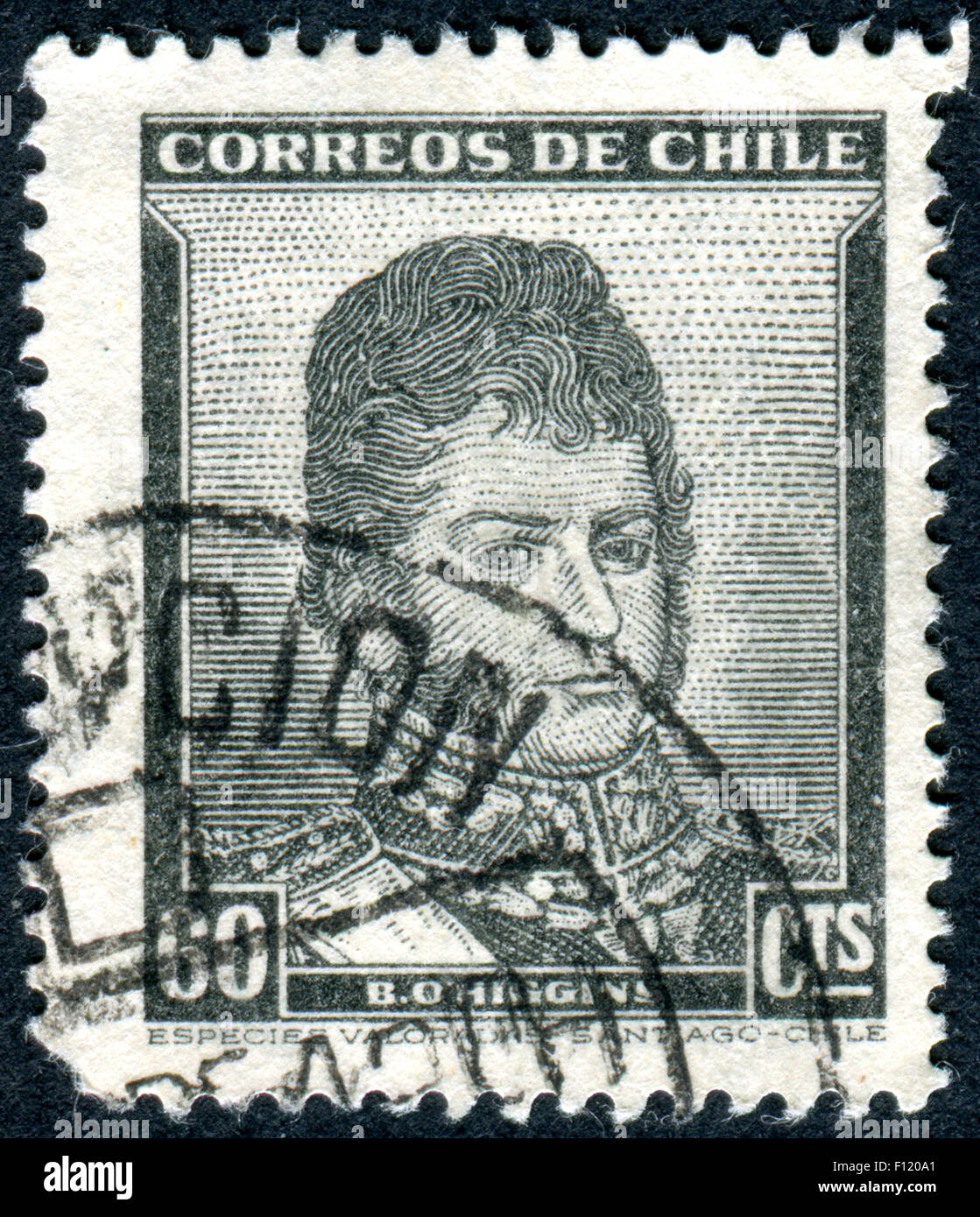 CHILE - CIRCA 1948: Briefmarke gedruckt in Chile zeigt Porträt von Bernardo O' Higgins Riquelme, ca. 1948 Stockfoto