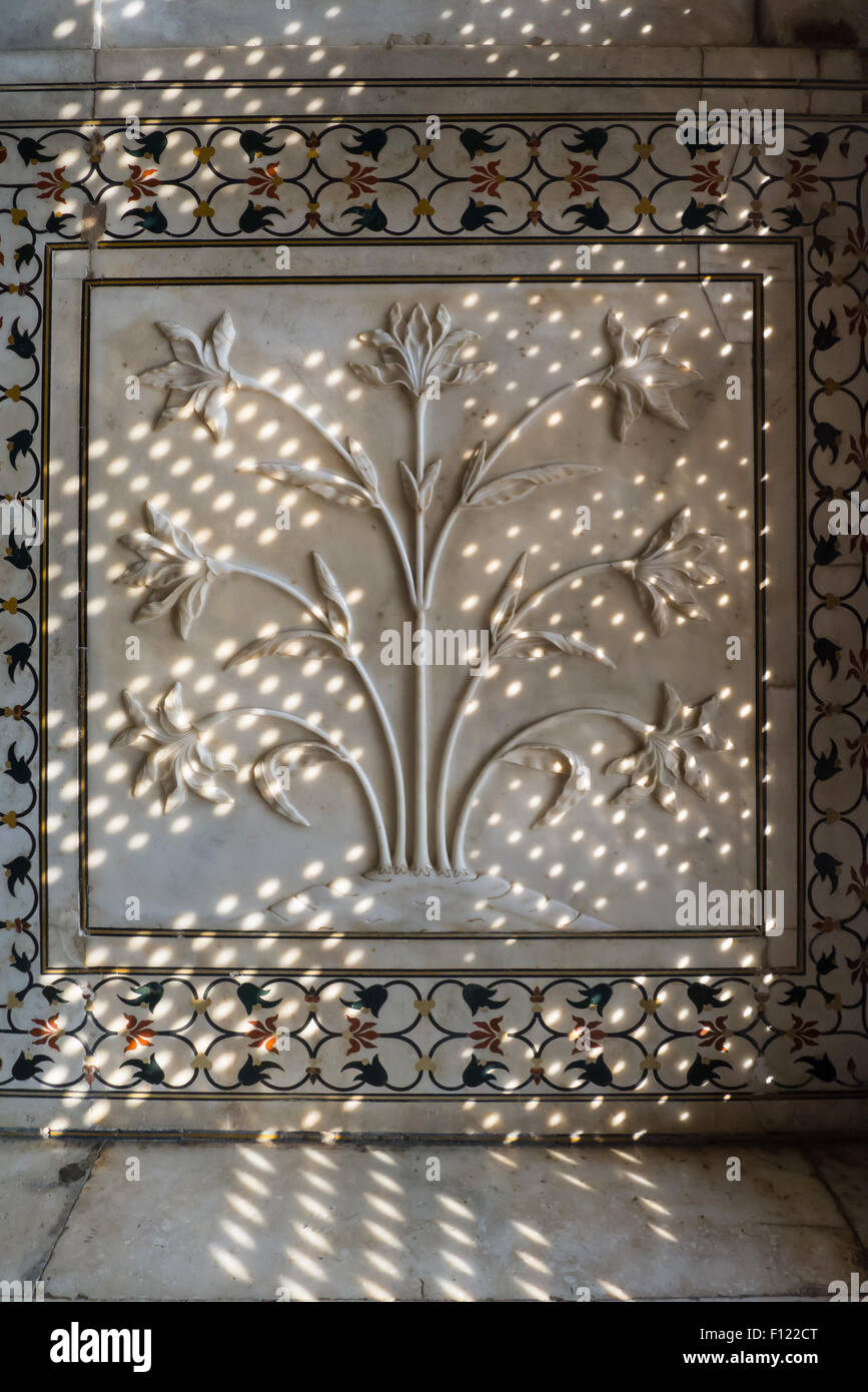 Agra, Uttar Pradesh, Indien. Das Taj Mahal; Detail der floralen Schnitzwerk auf einem Bas Relief Marmor Panel in Dfappled Licht, das durch ein Gitter-Bildschirm. Stockfoto