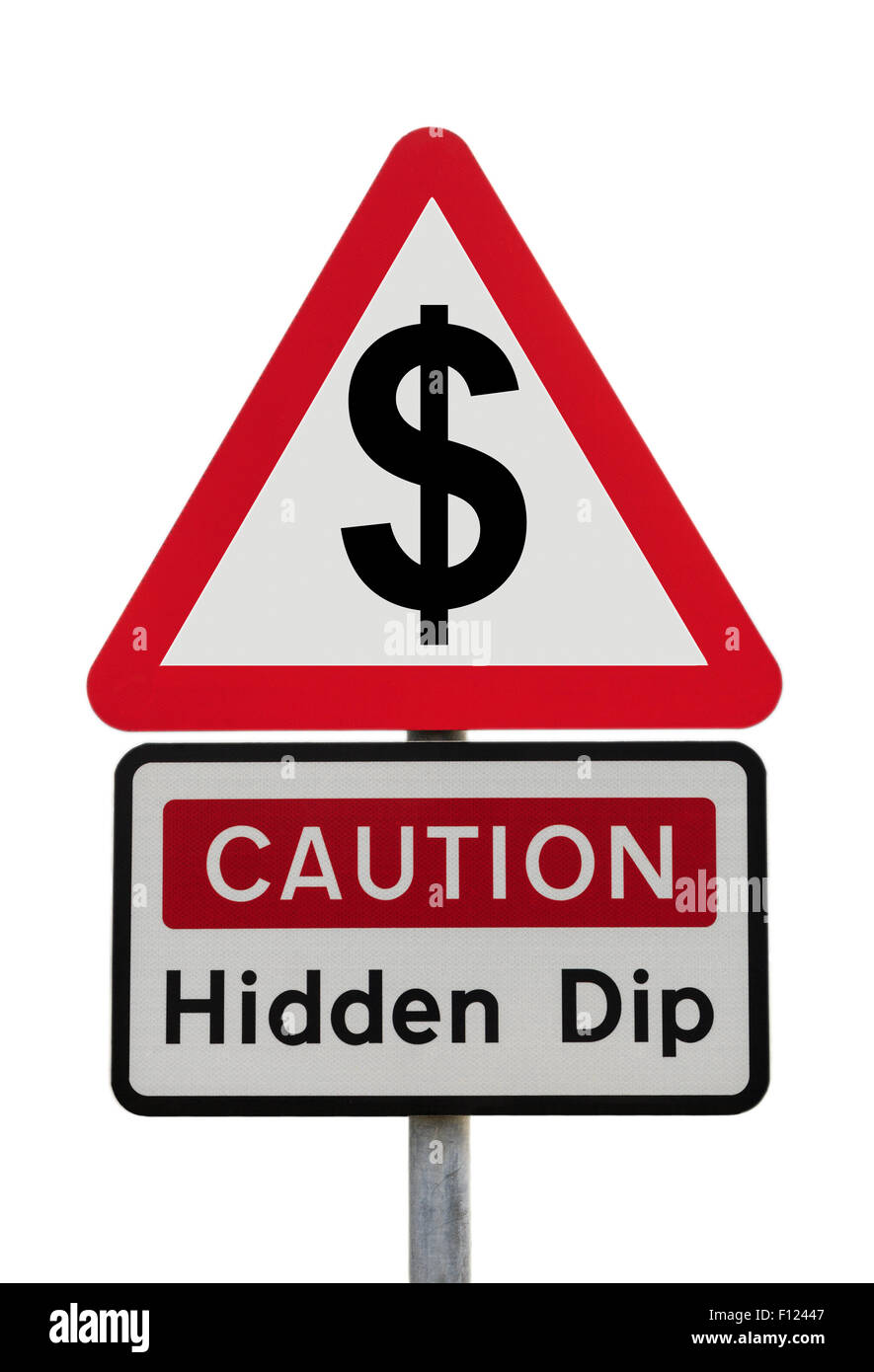 Dreieck Warnschild Warnung Vorsicht Vorsicht Verborgene Dip mit Dollar-Symbol, um finanzielle Zukunft Konzept Vereinigte Staaten von Amerika zu veranschaulichen Stockfoto