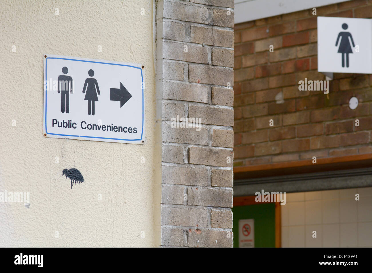 Public Convenience Schild mit männlichen und weiblichen Symbolen und Richtungspfeil in Totnes, Devon, England Stockfoto