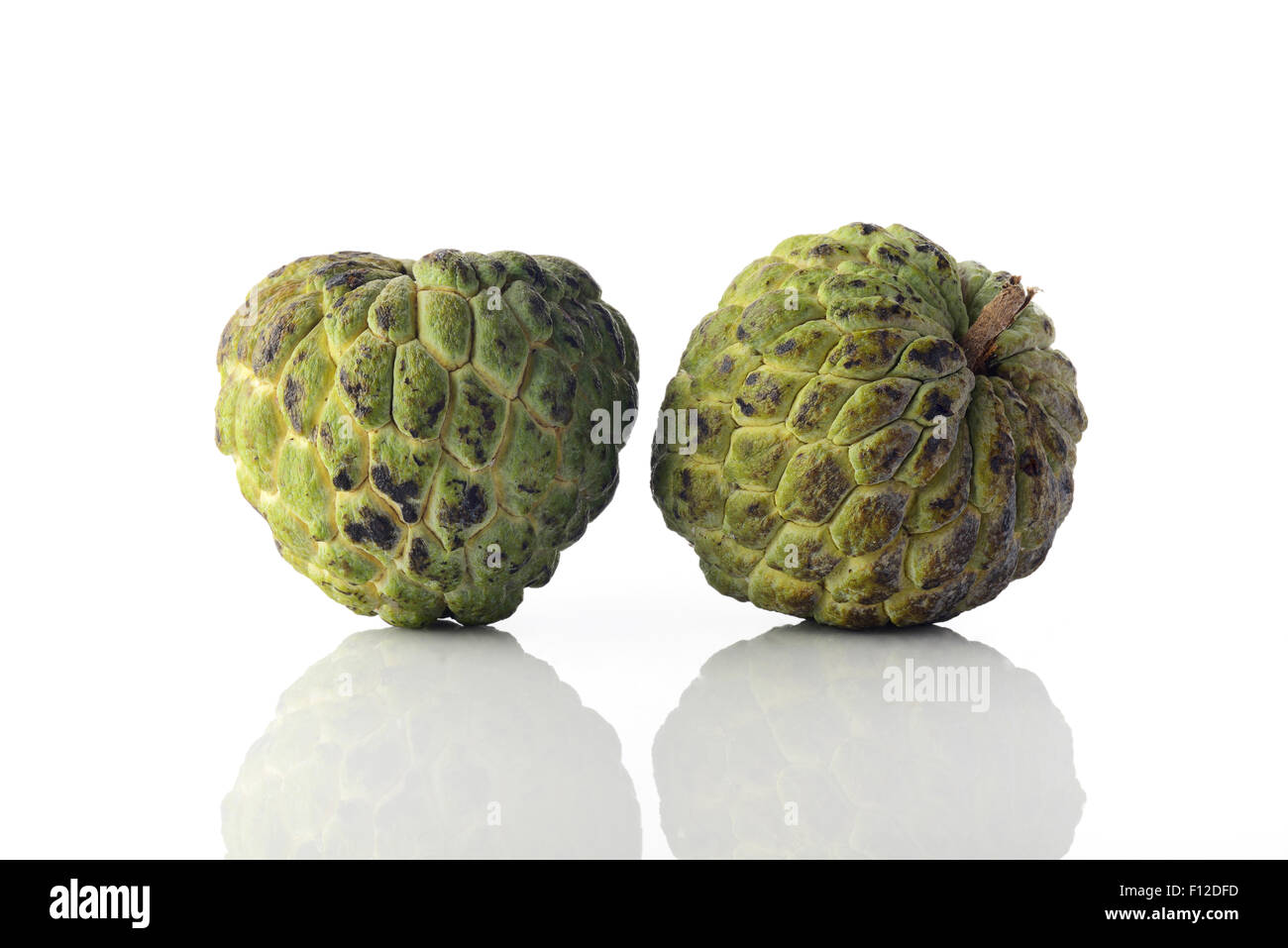 Zwei Reife Custard Apple auf weißem Hintergrund Aufnahme im Studio. Stockfoto