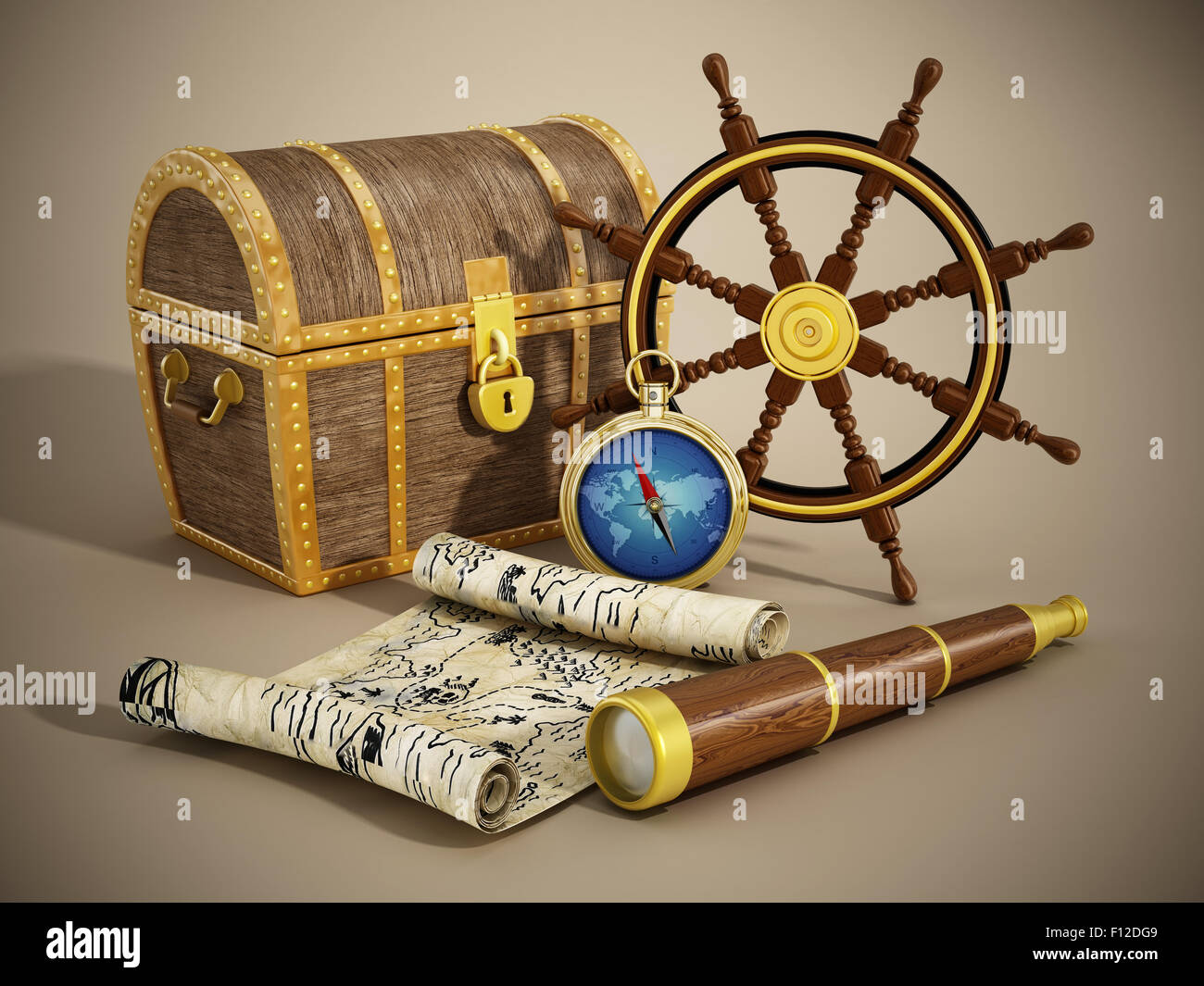 Nautische Gegenstände (Schatztruhe, Karte, Spiegel, Rad und Kompass) Stockfoto