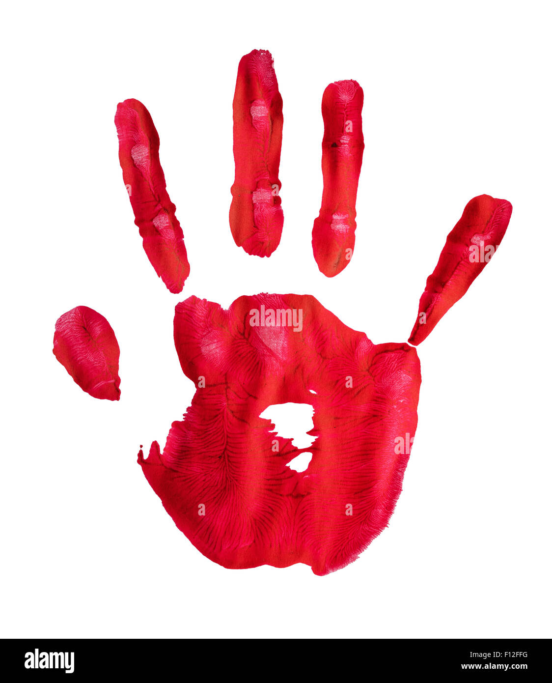 Hand-print in rot malen mit Hallo Auflösung Detail isoliert auf weiss Stockfoto