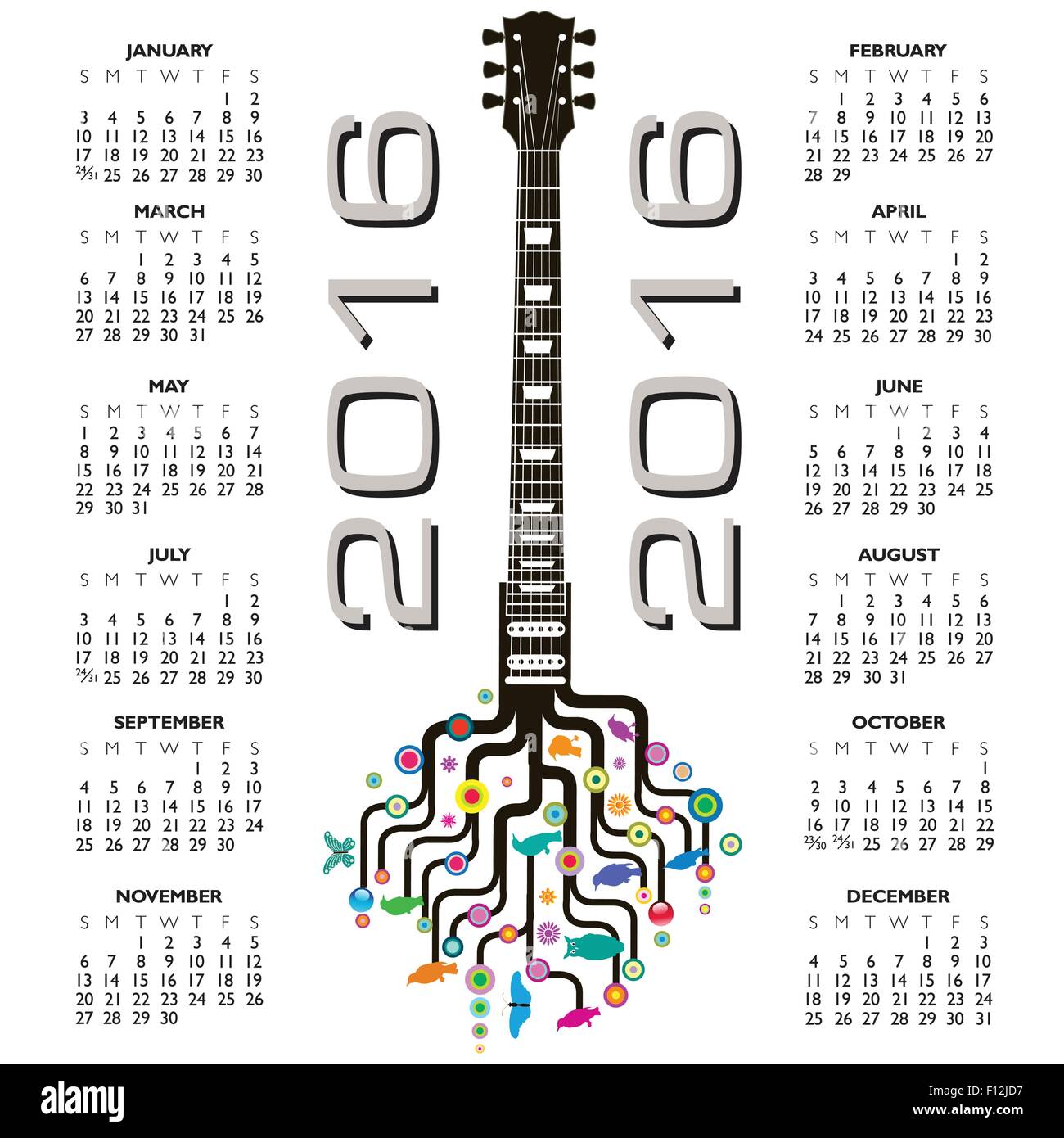 Kalender 2016 kreative Gitarre für Print oder Web Stock Vektor