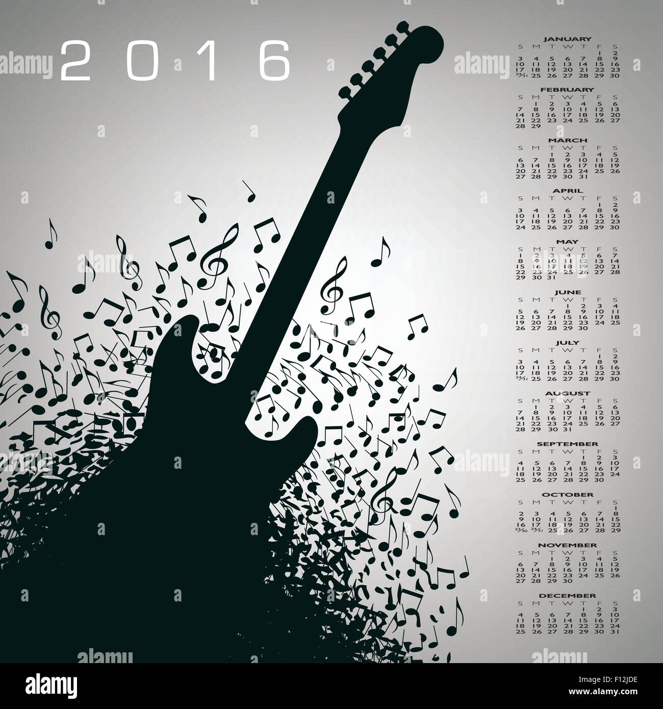 Kalender 2016 kreative Gitarre für Print oder Web Stock Vektor