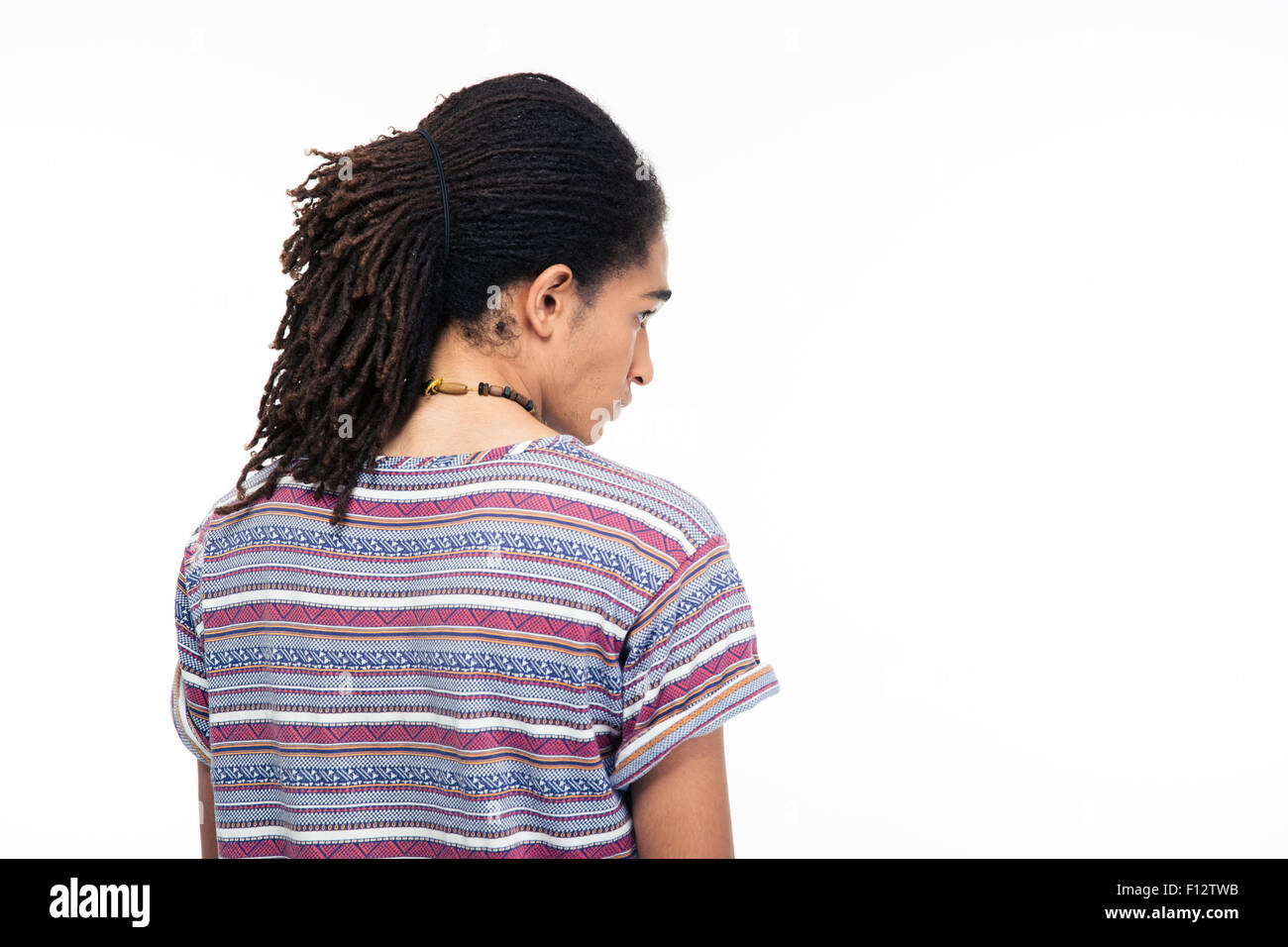 Zurück Blick Porträt von Afro Amerikaner isoliert auf weißem Hintergrund Stockfoto