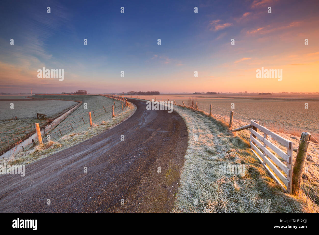 Typische holländische Landschaft an einem frostigen Morgen bei Sonnenaufgang. Dies ist Teil der westfriesischen kreisförmigen Deich, ein Deich System, b Stockfoto