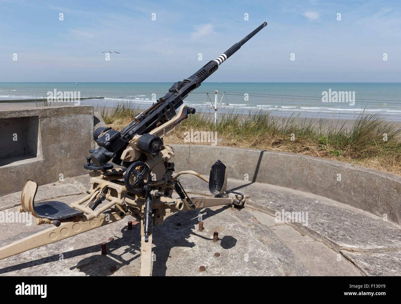 Gewehr-Stellung mit einer Flak-Kanone, 2 cm FLAK 28 Oerlikon, Freilichtmuseum Atlantikwall, Raversijde oder Raversijde Stockfoto