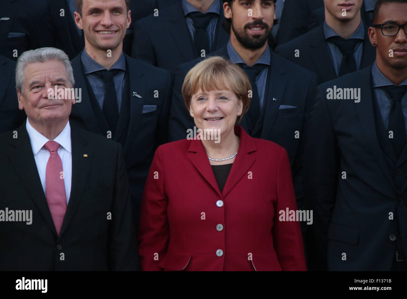 Joachim Gauck, Thomas Mueller, Angela Merkel, Sami Khedira, Jerome Boateng - Empfang der Deutschen Nationalmannschaft Beim Bunde Stockfoto