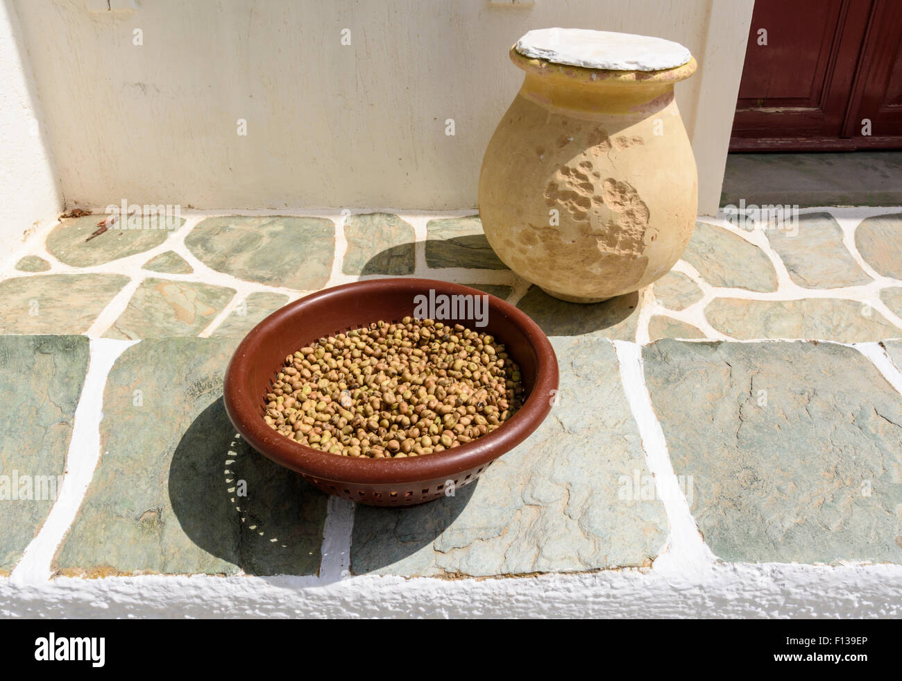 Fava Bohnen trocknen in der Sonne auf eine Wand vor einem Haus in Folegandros, Kykladen, Griechenland Stockfoto