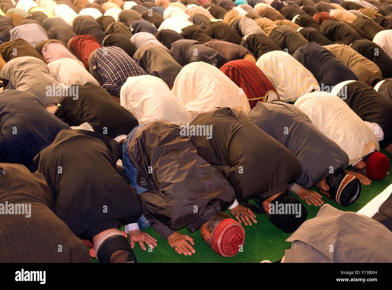 Muslime beim Gebet während Jalsa Salana in Alton, Hampshire, UK. Ein 3-Tages-Jahresversammlung der Ahmadiyya Muslim Association. Stockfoto