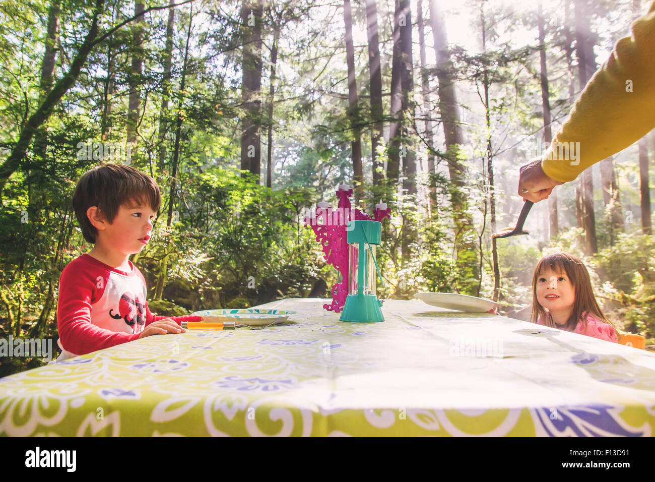Zwei Kinder sitzen am Picknicktisch im Wald Stockfoto