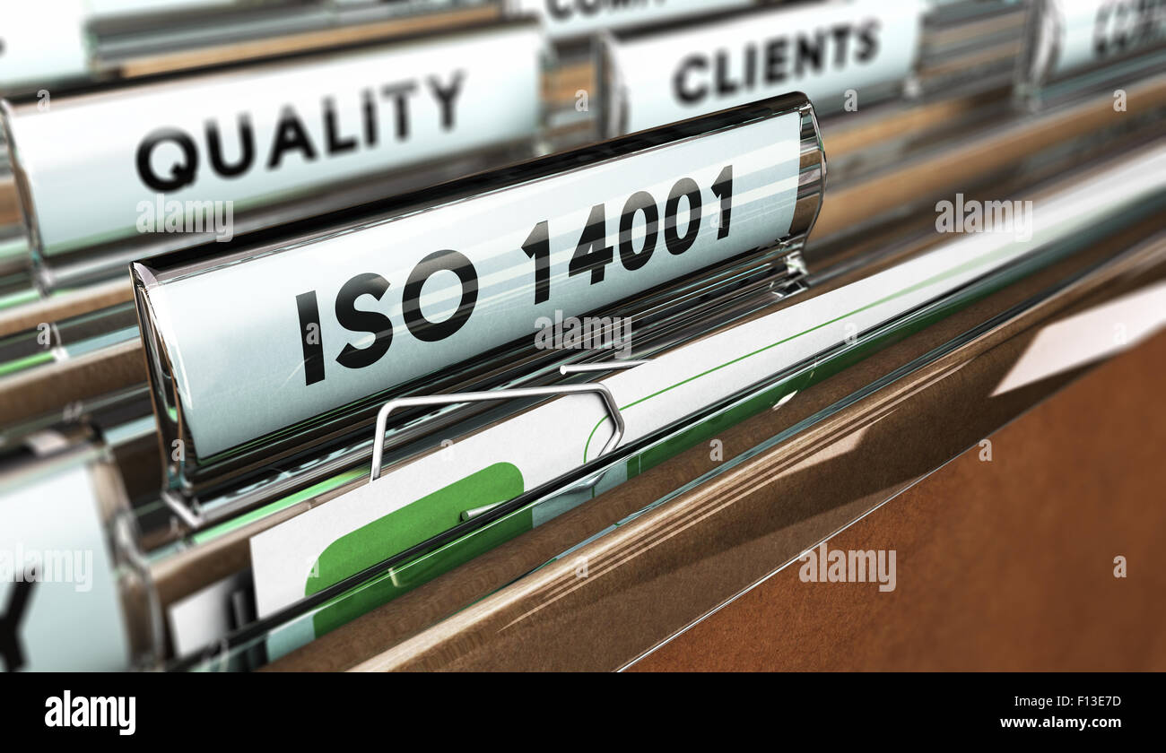 Nahe bis auf eine Registerkarte "Datei" mit dem Wort ISO 14001, konzentrieren sich auf den Haupttext und Unschärfe-Effekt. Konzept-Bild zur Veranschaulichung der Qualit Stockfoto