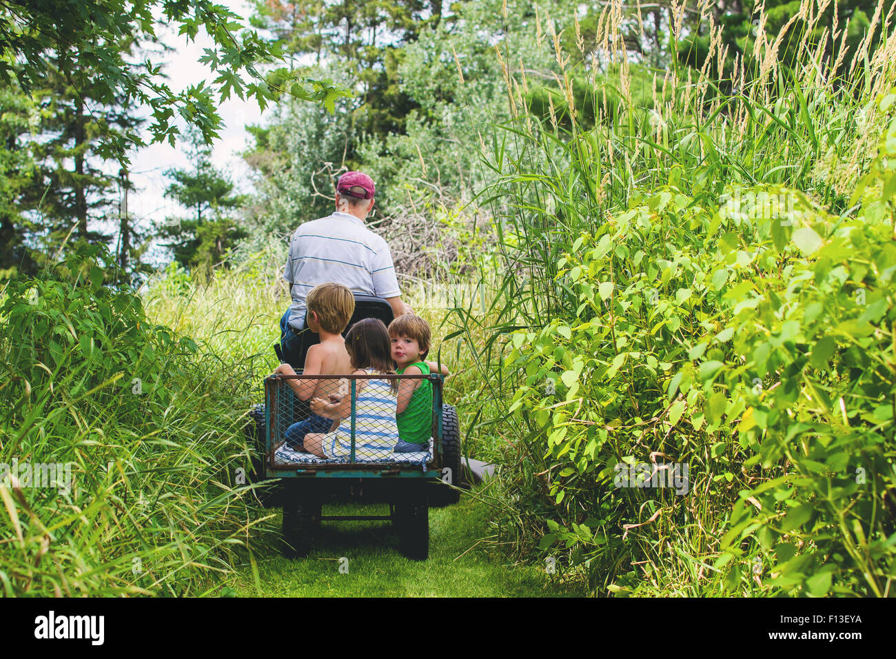 Mann fahren Buggy mit drei Kindern in den Rücken Stockfoto