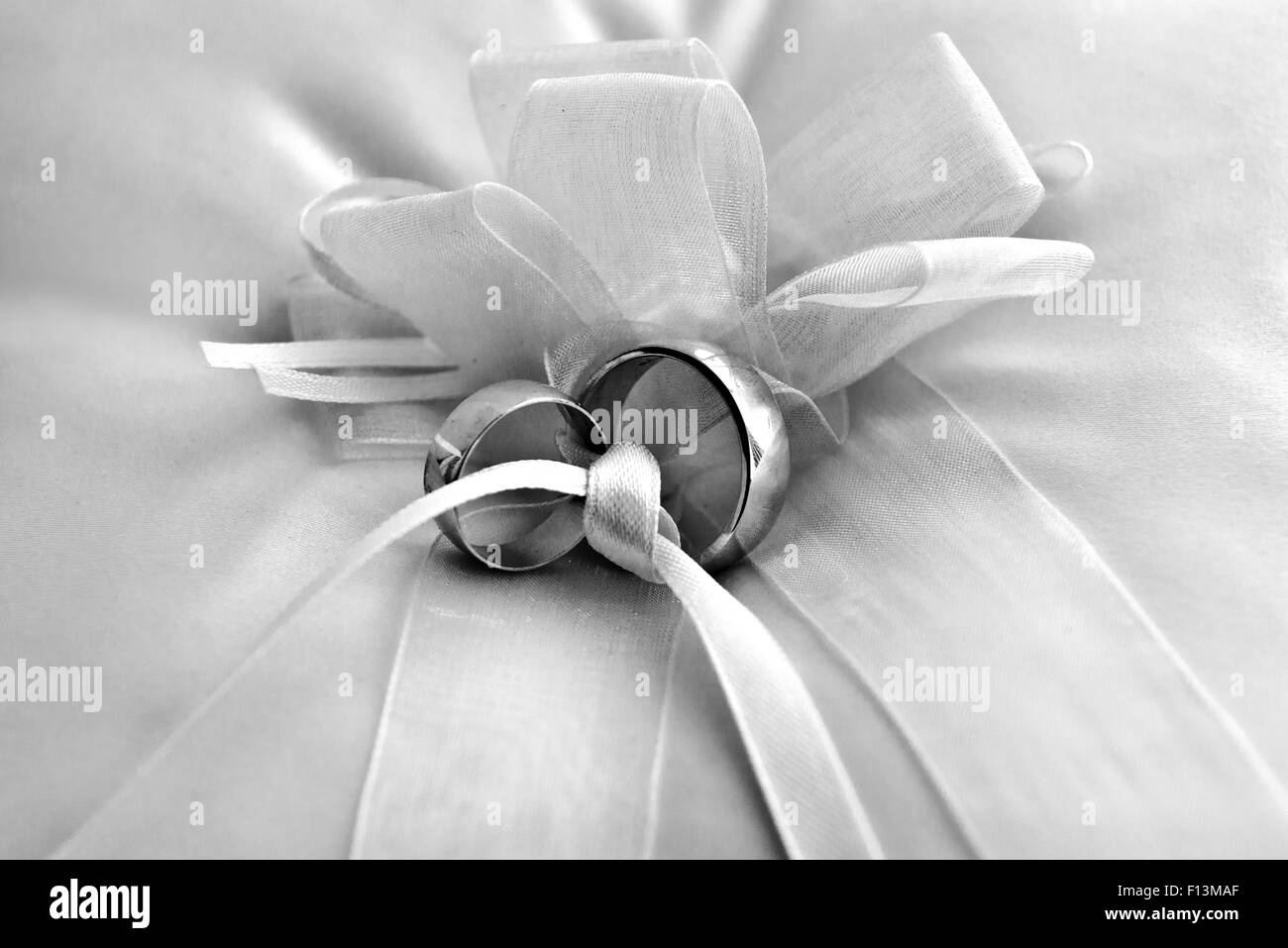 Seine und ihre silberne Hochzeitsringe fein säuberlich auf Anzeigen und bereit für die Trauung. Stockfoto