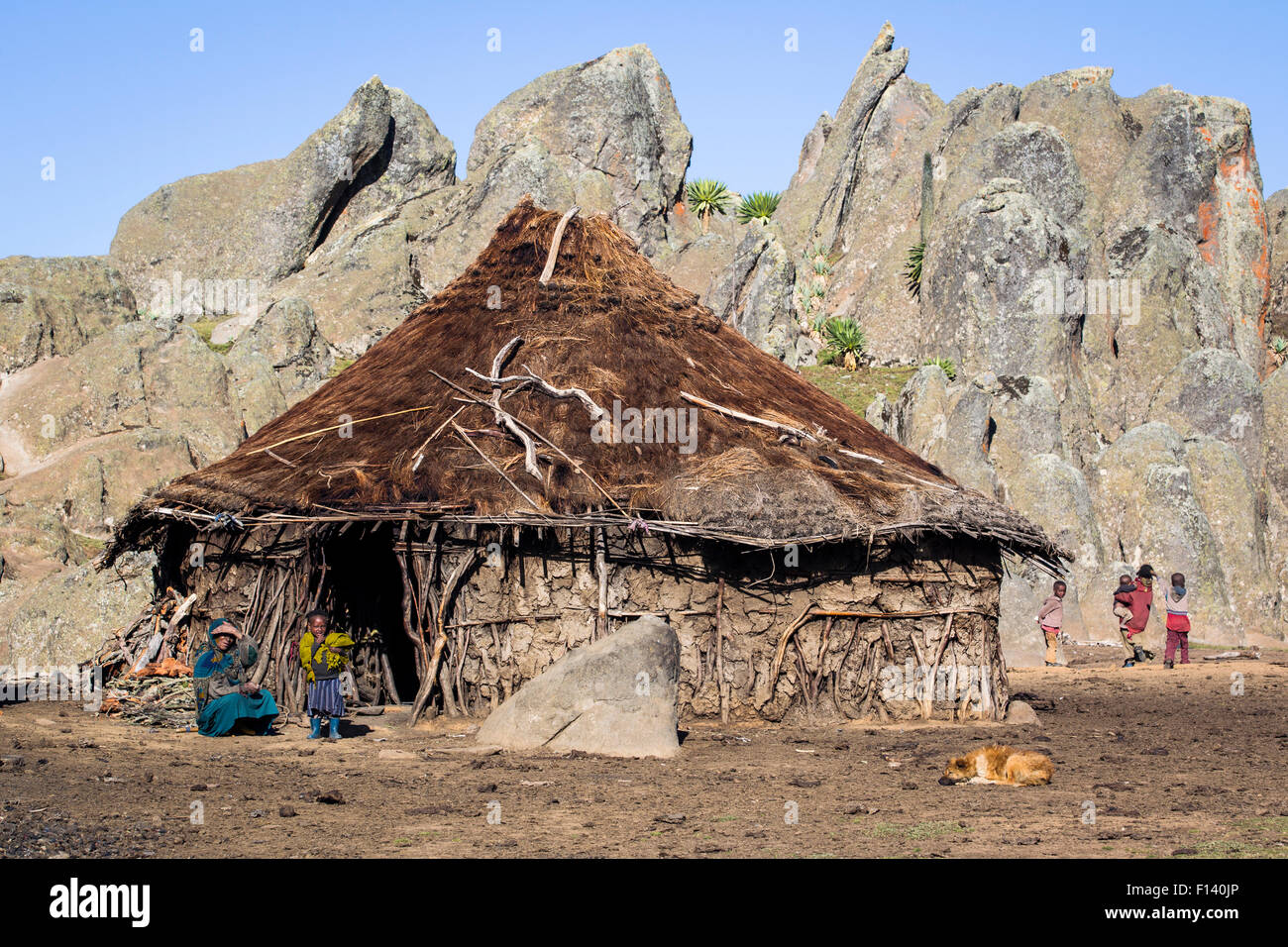 Hütte und lokalen Oromo-Familie am Rafu. Bale Mountains Nationalpark, Äthiopien, Dezember 2011. Stockfoto