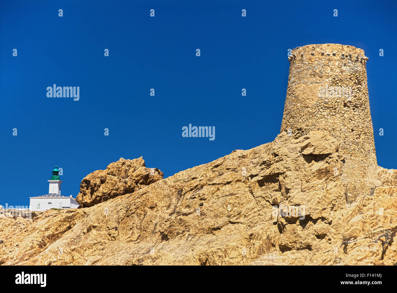 L'Île Rousse genuesischen Wachturm und Leuchtturm Stockfoto