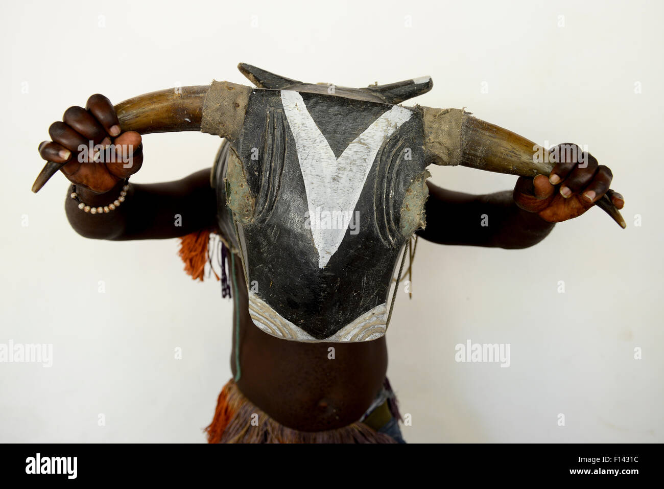 Zeremonielle Maske Bijago Menschen, ein Kopf eines Stiers aus Holz geschnitzt. UNO-Insel, Guinea-Bissau, Dezember 2013. Stockfoto