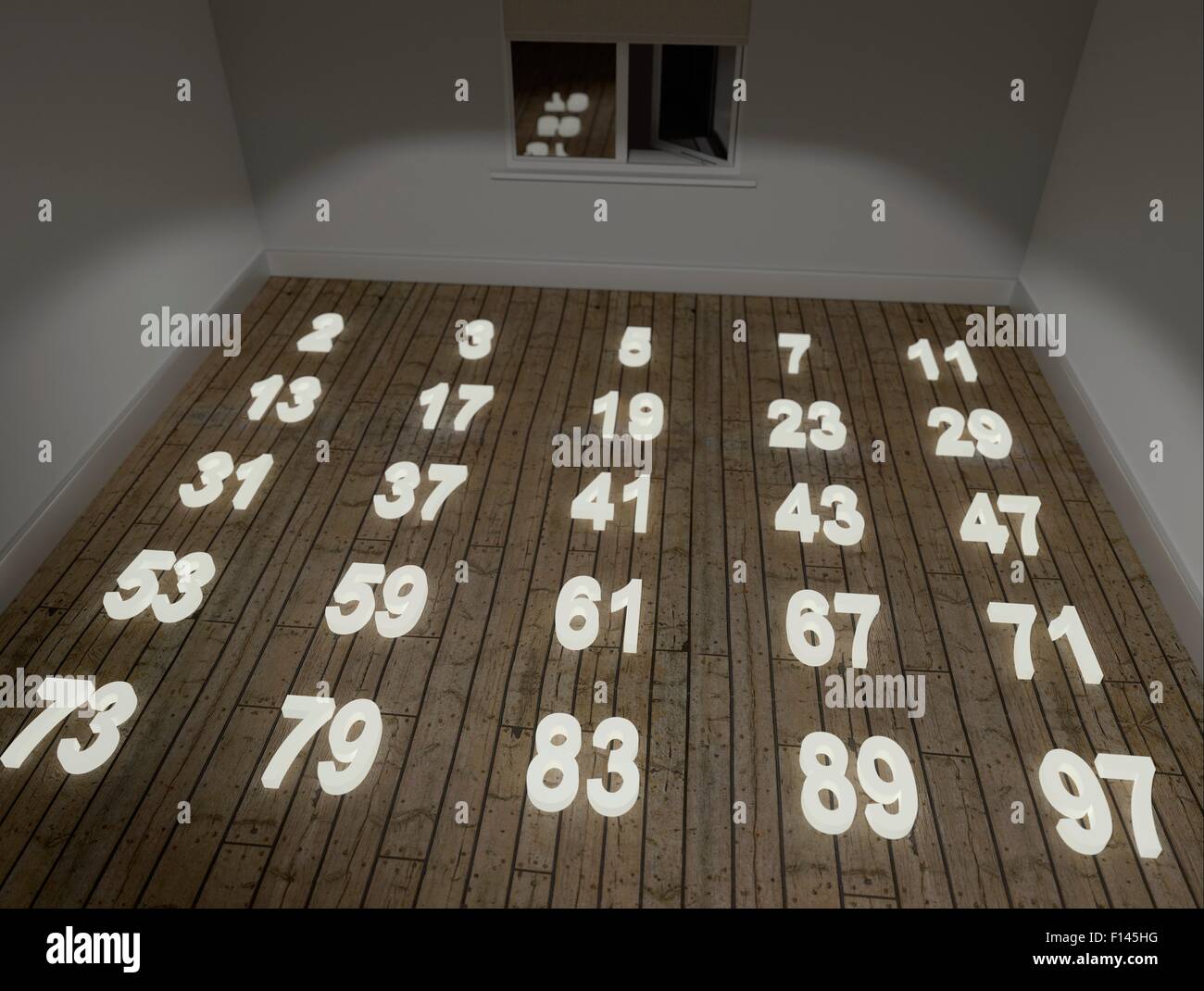 Beleuchtete Primzahlen (alle Primzahlen unter 100) am Boden des Zimmers im Studio. Fotorealistische computergenerierte Bild Stockfoto