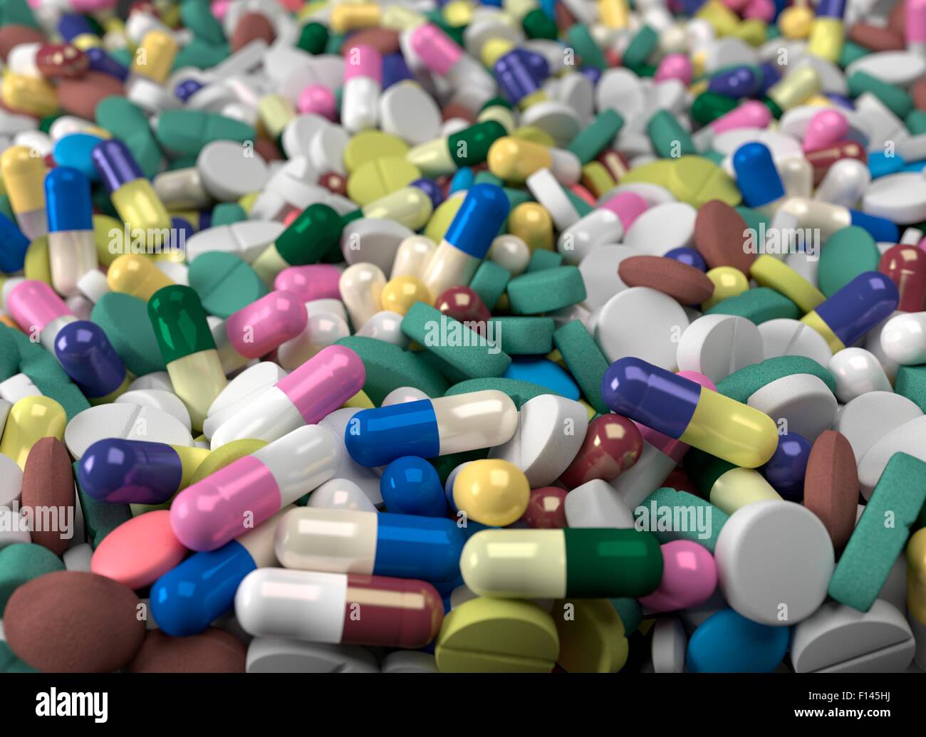 Hunderte von Durcheinander medizinische Tabletten. Fotorealistische computergenerierte Bild Stockfoto
