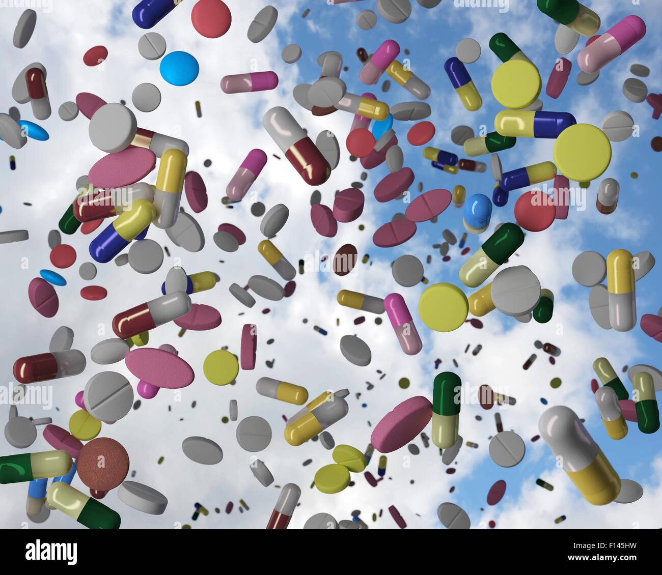 Hunderte von medizinischen Tabletten fallen vom Himmel. Computergenerierte Bild Stockfoto