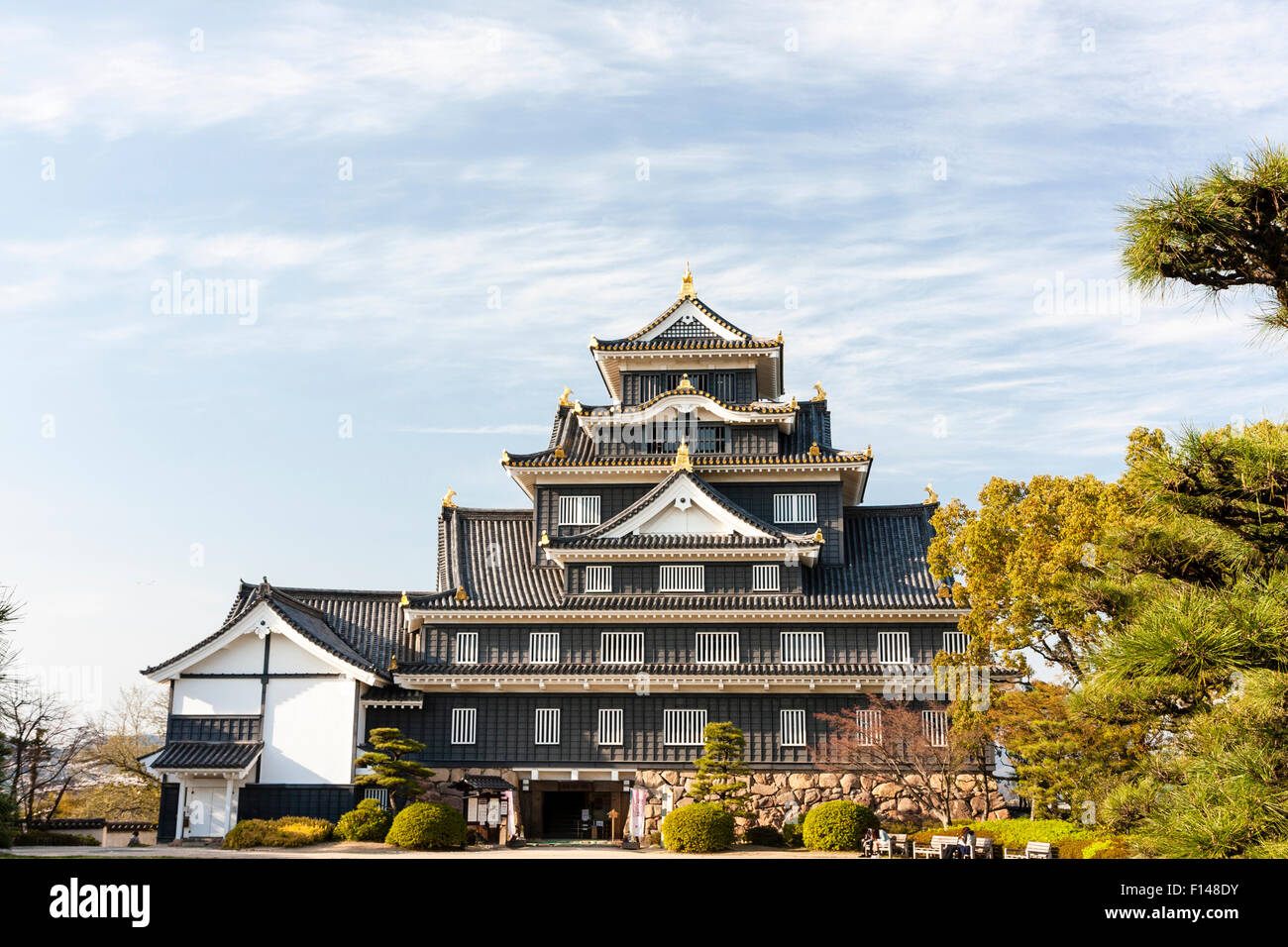 Der berühmte schwarze Krähe, karasujo, rekonstruierte Schloss halten von Okayama mit schwarzem Holz Bretter die Auskleidung der, 7-stöckiges Gebäude. Frühling, blauer Himmel. Stockfoto