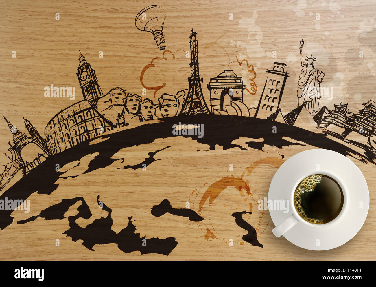 3D Coffeee Cup mit Reisen rund um die Welt aus Holz Hintergrund als Konzept Stockfoto