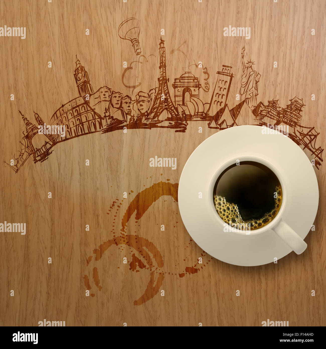 3D Tasse Kaffee aus Holz Hintergrund als Konzept auf der ganzen Welt unterwegs Stockfoto