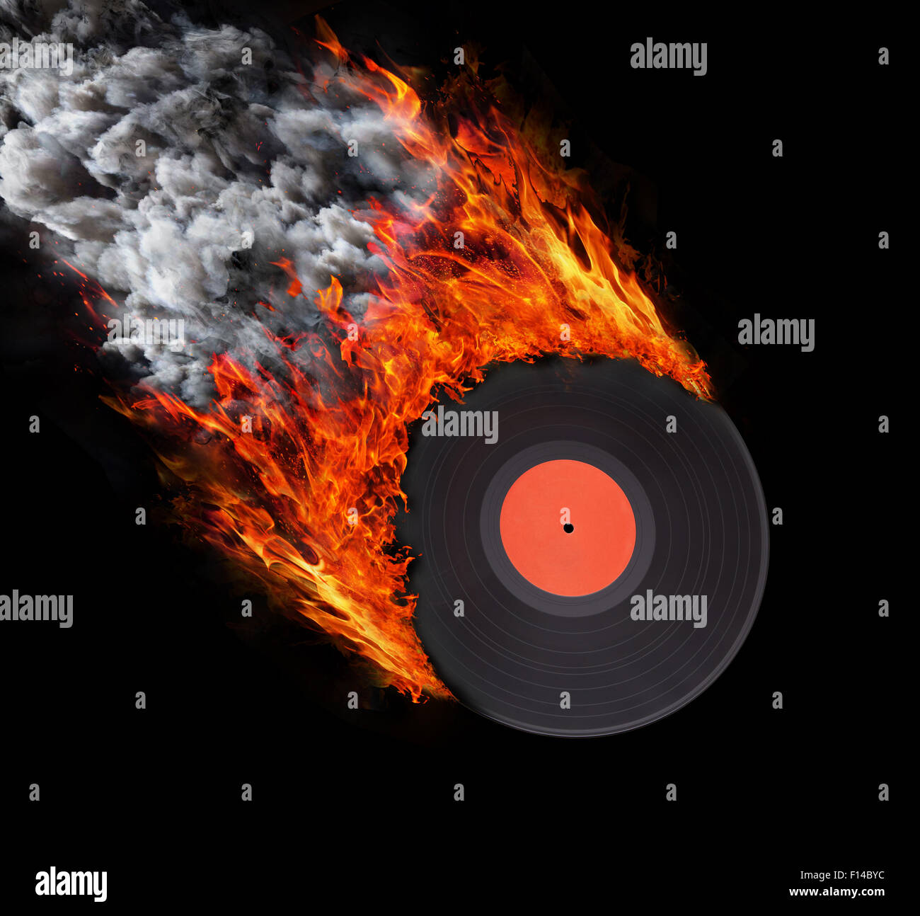 Konzept des Speed - Trail von Feuer und Rauch - Vinyl-Schallplatte Stockfoto