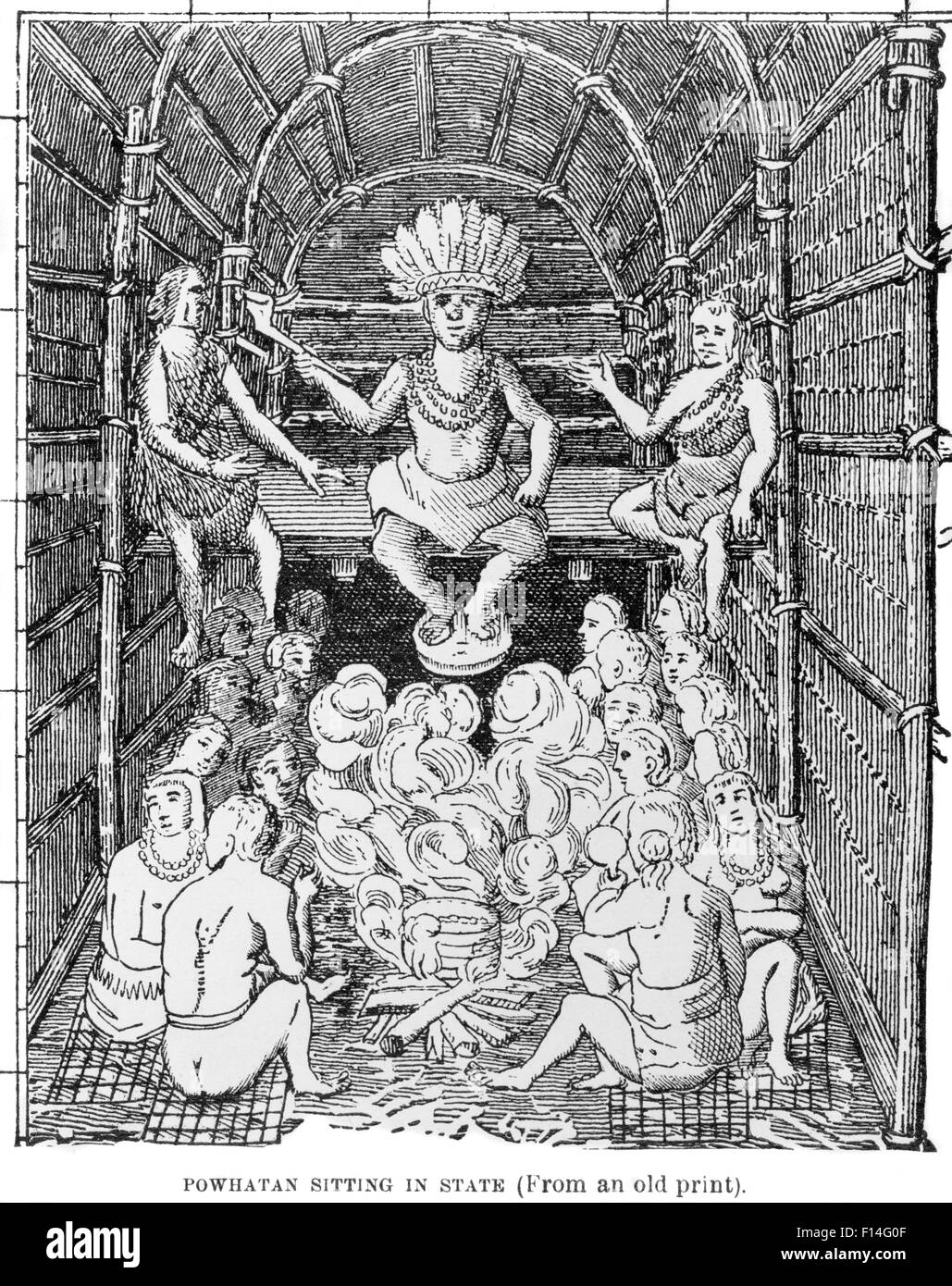1610S 1600ER JAHREN 1612 INDIANISCHEN INDISCHEN CHIEF POWHATAN SITZEN IN STAATLICHE IM LANGHAUS IN WEROWOCOMOCO IN VIRGINIA-KOLONIE Stockfoto