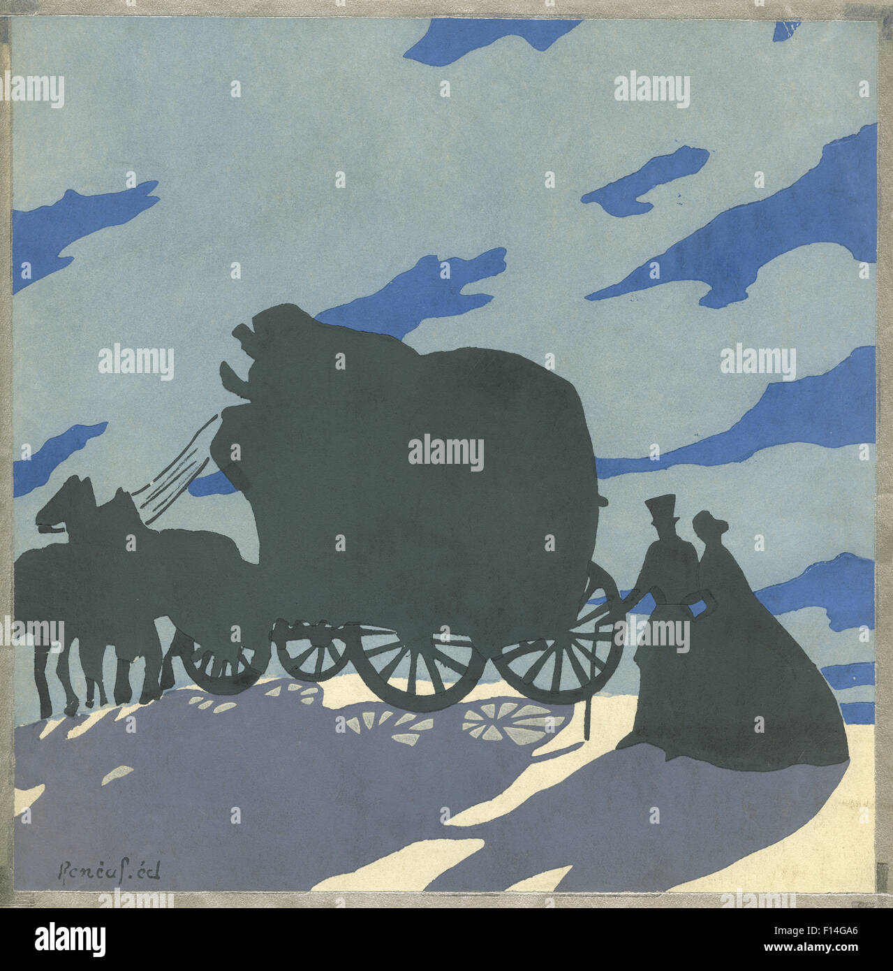 ABBILDUNG SILHOUETTE WAGON VIKTORIANISCHEN MANN UND FRAU ZU FUß HINTER Stockfoto