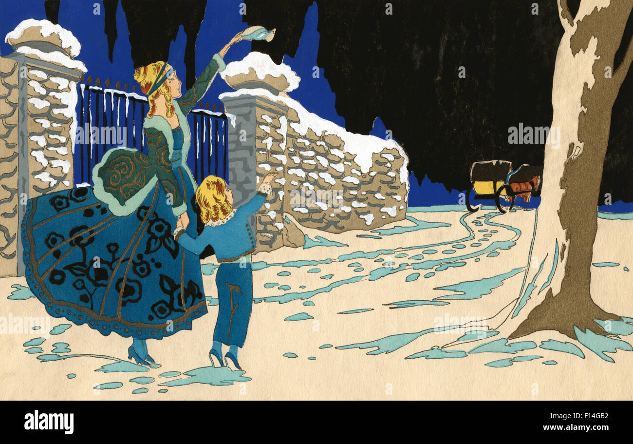 VIKTORIANISCHEN POCHOIR ILLUSTRATION MUTTER UND BLONDE KIND WAVE GOODBYE ZUR BEFÖRDERUNG WINTERLANDSCHAFT Stockfoto