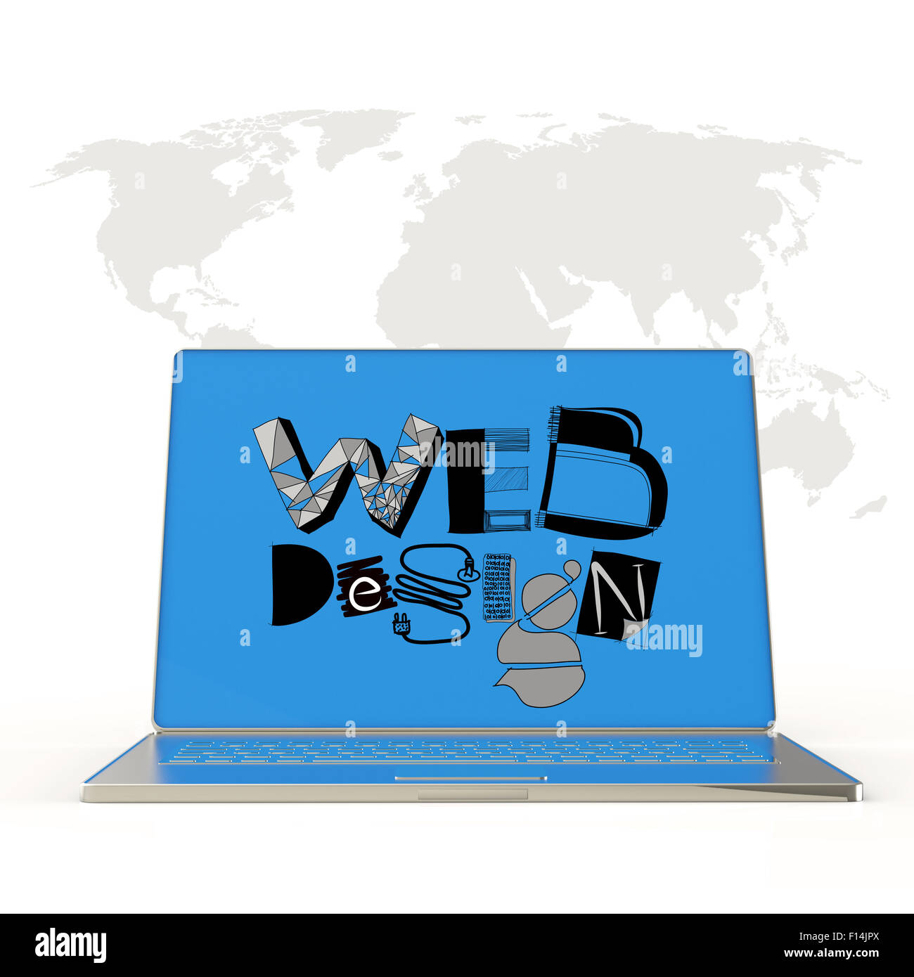 handgezeichnete Webdesign auf Laptop-Bildschirm und Welt als Kartenhintergrund als Konzept Stockfoto