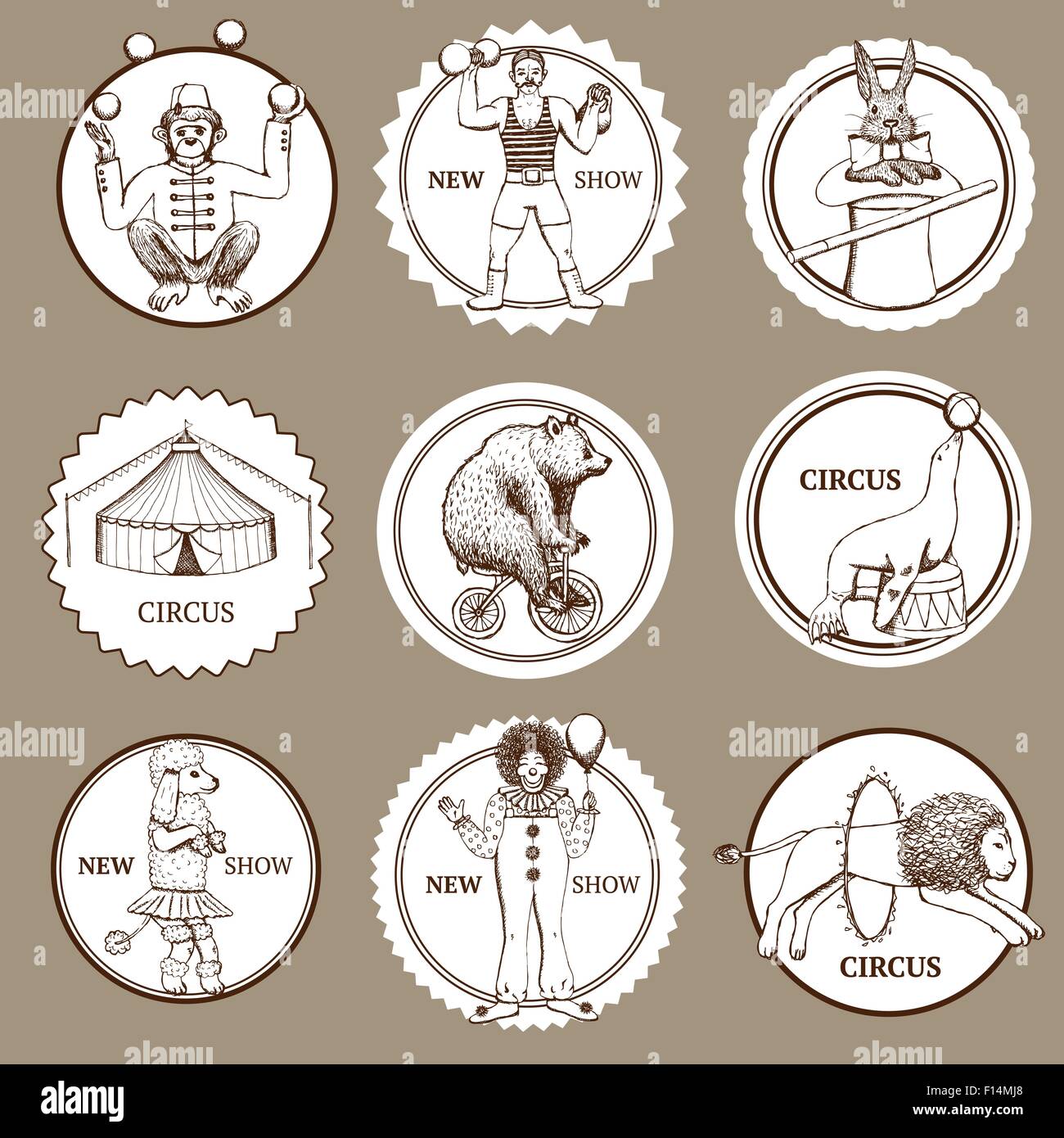 Skizzieren Sie Zirkus Labels und Logos im Vintage-Stil, Vektor Stock ...