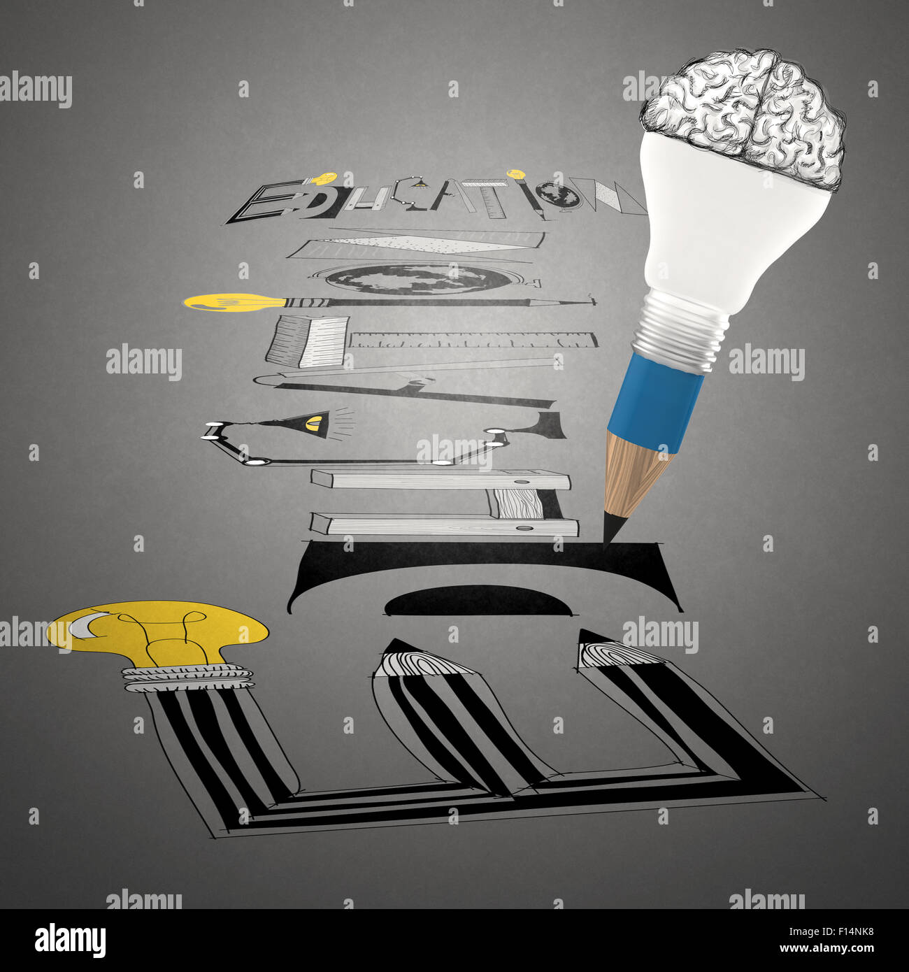 Bleistift Gehirn Glühbirne zeichnen Design Wort Bildung Papier als Konzept Stockfoto