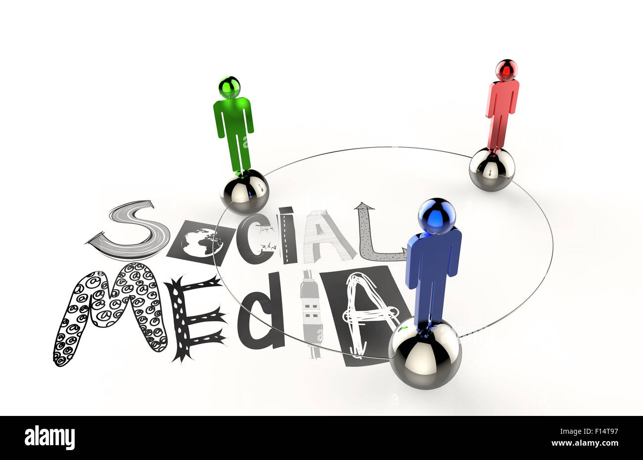 handgezeichnete Grafik Wort SOCIAL MEDIA und 3d menschlichen Link melden Sie als Konzept Stockfoto