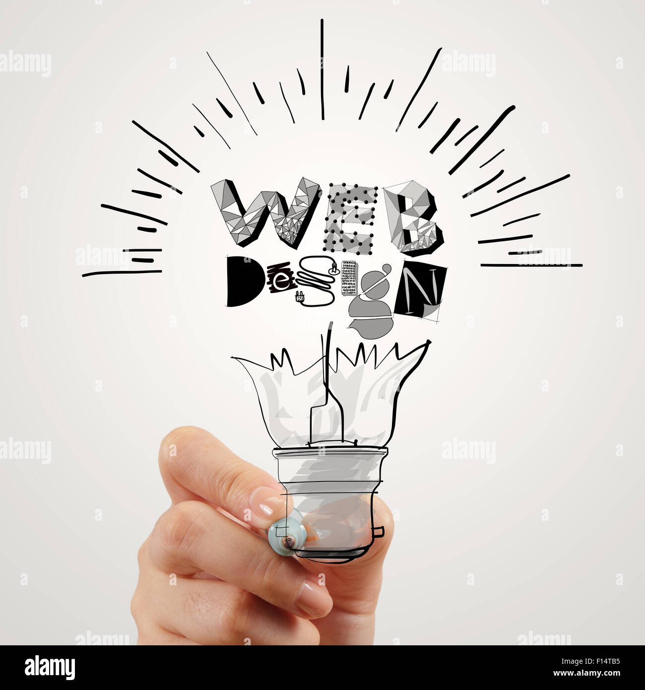 Handzeichnung Glühbirne und Webdesign Wort Design als Konzept Stockfoto